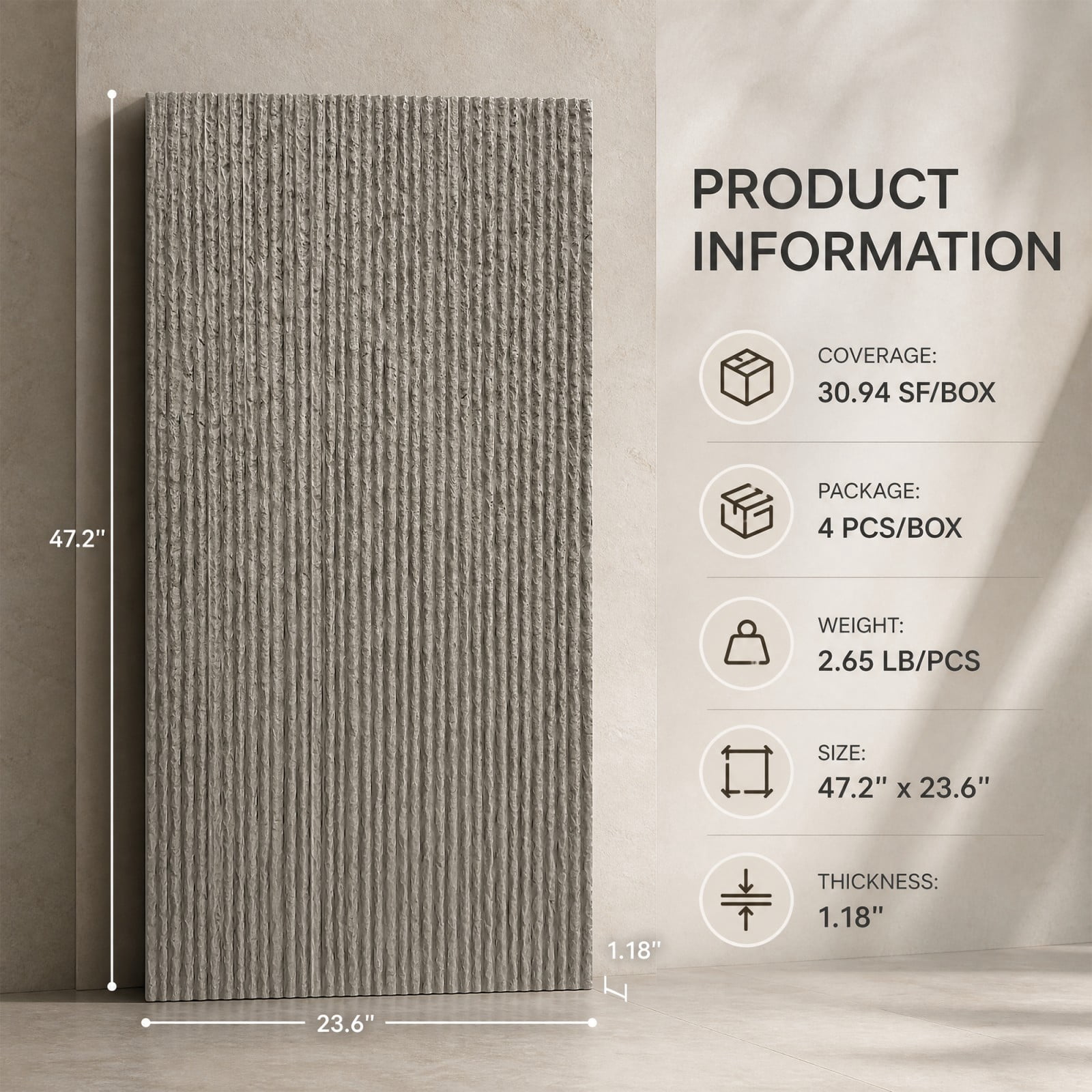 BEAUTYPEAK 3D Faux Stone Wall Panels, Modern Fluted Texture Decorative Siding (Cement Grey, 48 in x 24 in, 4 Pack) d7h01