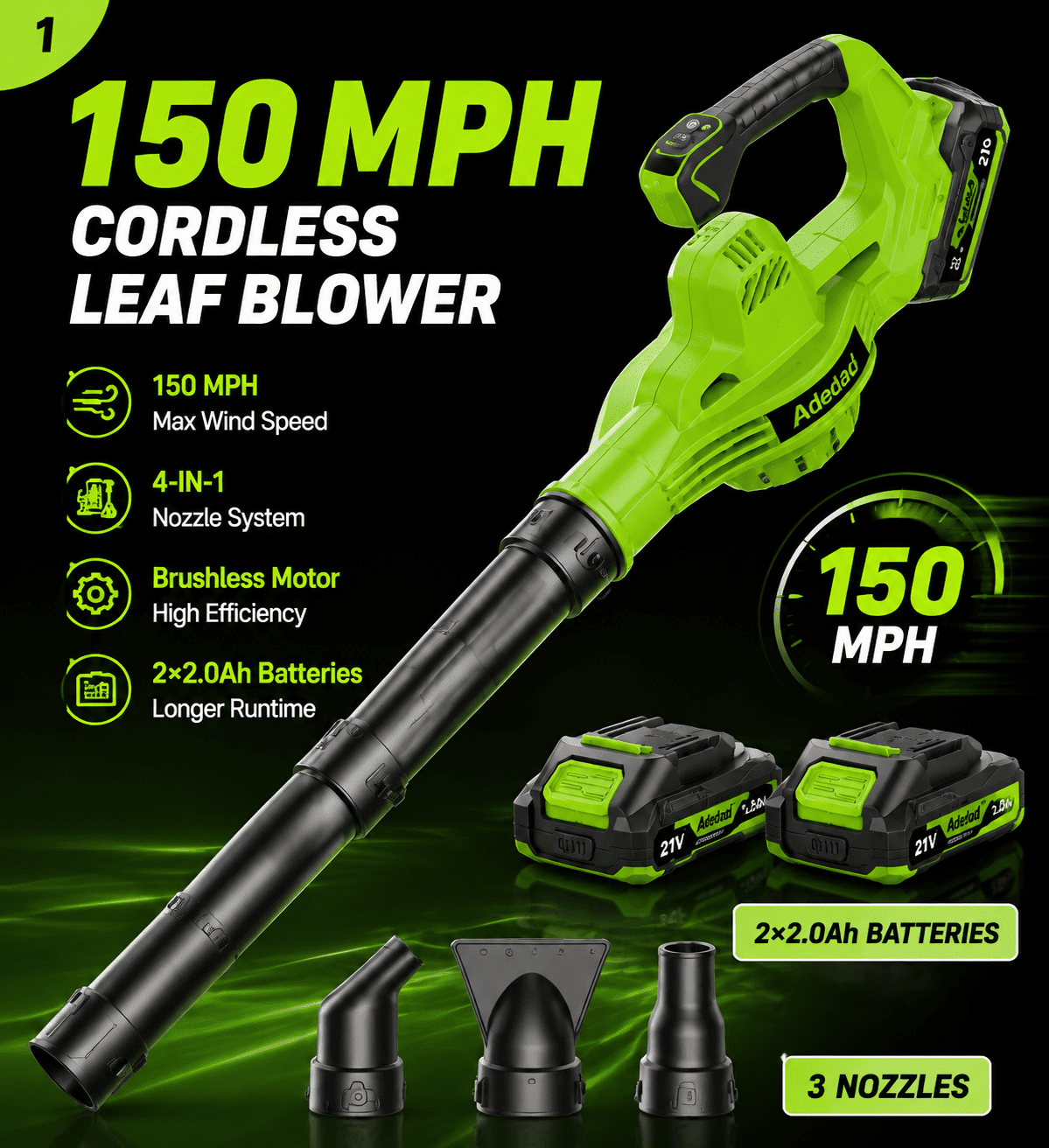 Adedad Cordless Leaf Blower 4-in-1 Nozzle Design with 2x 21V Batteries and Charger (21V, 2-Pack) kiea2