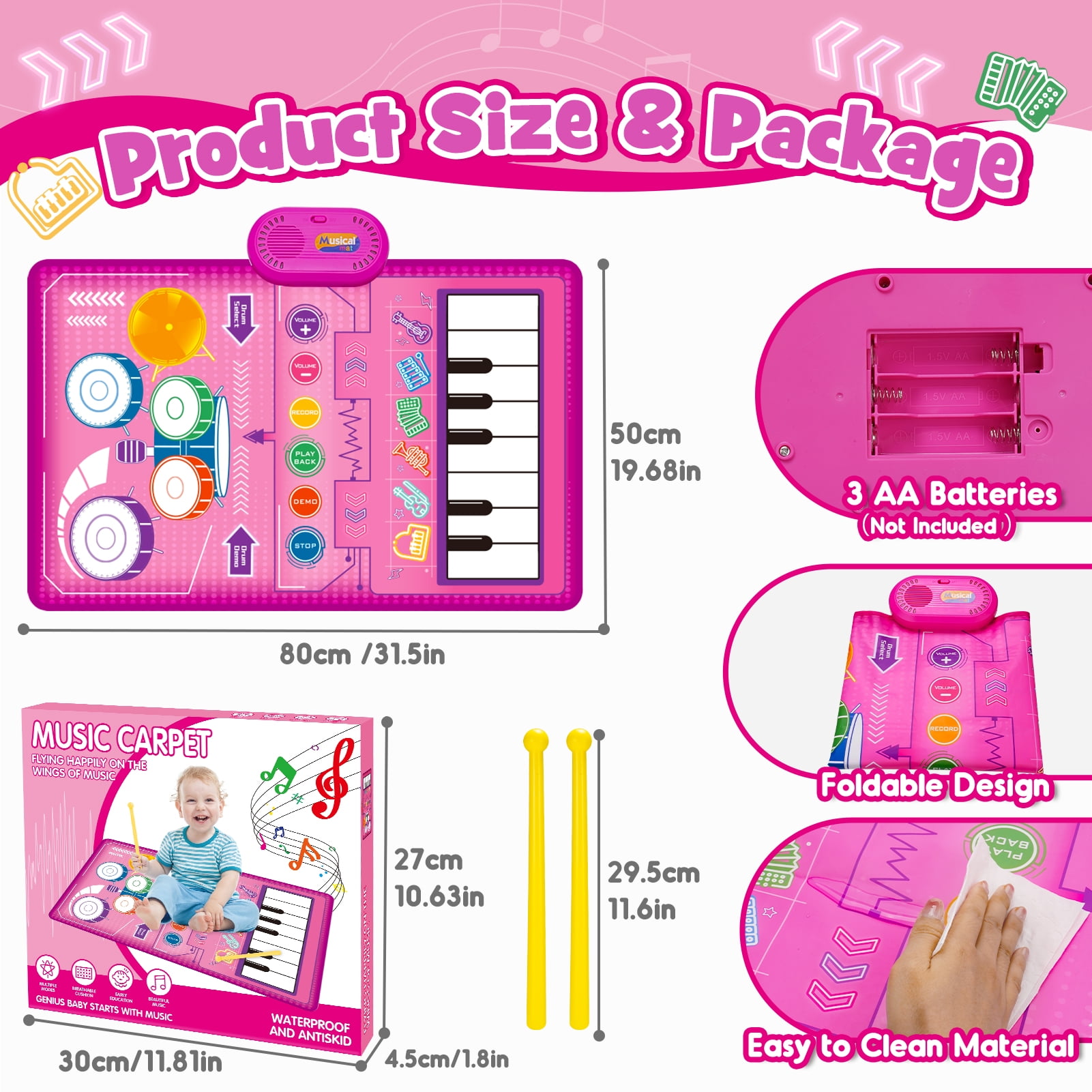 Dreamingbox Musical Piano Mat for Toddlers, Interactive Keyboard and Drum Floor Play Mat (Pink, 39 in x 14 in) kr23y