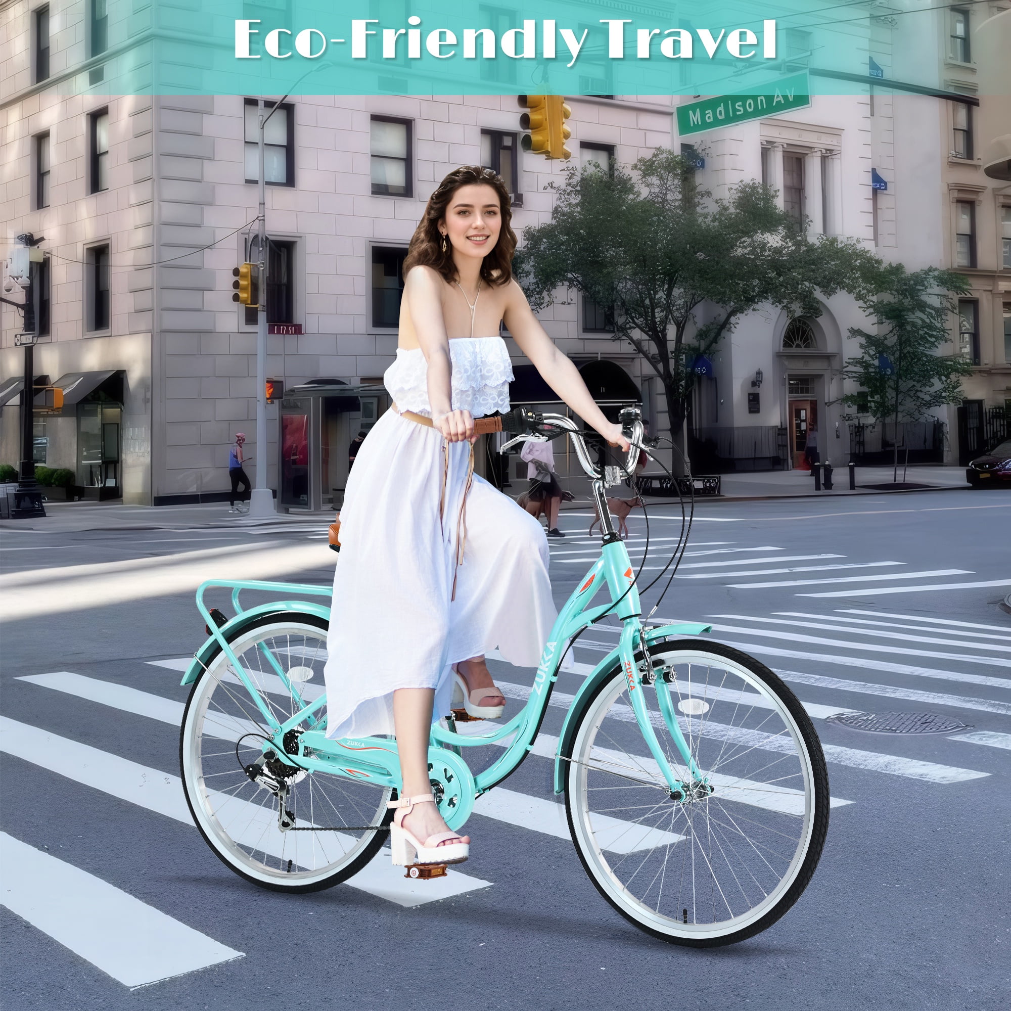 iYofe 26 in Women's Beach Cruiser Bike, 7-Speed Hybrid Commuter Bicycle with Dual Brakes and Rear Seat (Cyan, 26 in) udhm8