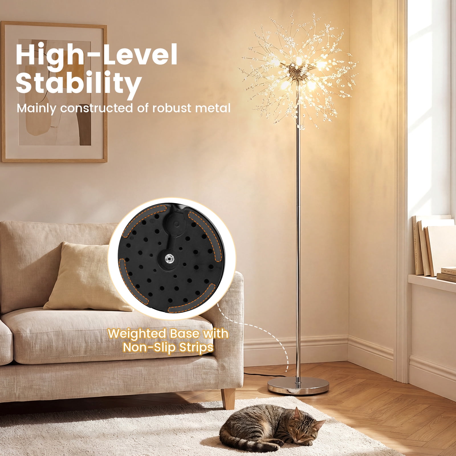 Gymax Crystal Floor Lamp Dandelion Style Standing Light with Foot Switch (Silver, 63 in) 9vs9v