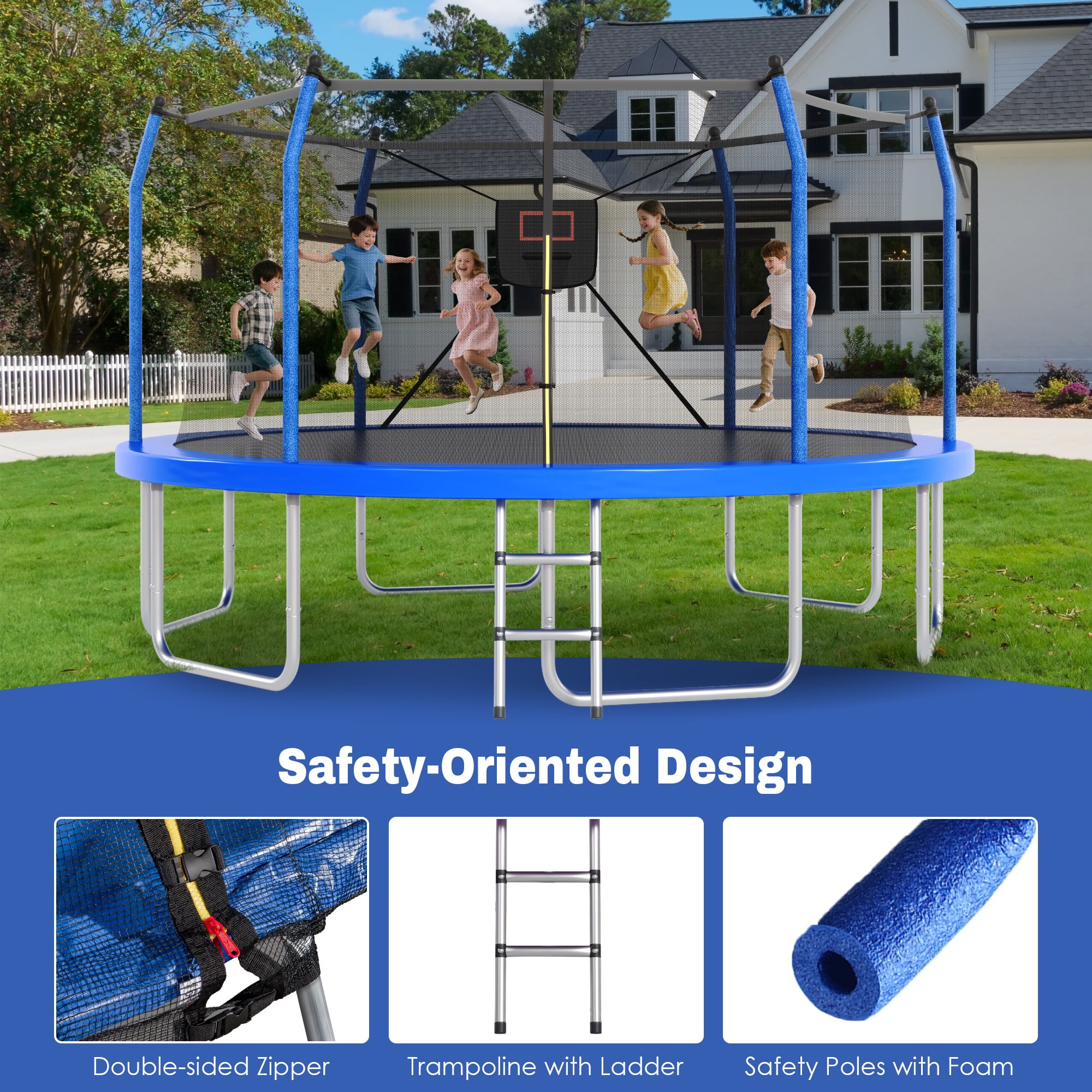 Segmart 14 ft Round Outdoor Trampoline with Enclosure, Basketball Hoop, and Ladder (Blue, 14 ft) ufxpn