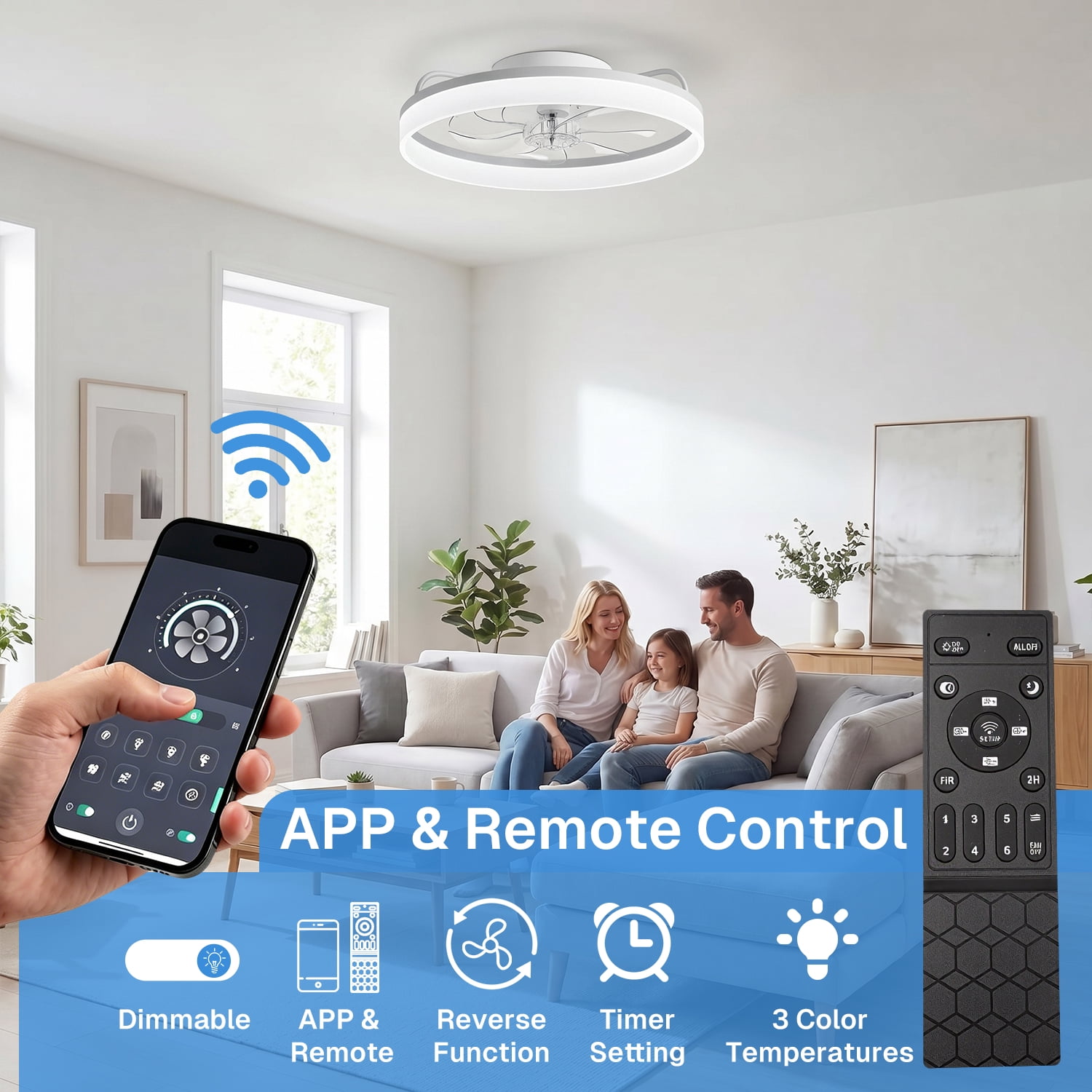 Behome 20 in Low Profile Ceiling Fan with LED Light, Remote & APP Control, Flush Mount, 6-Speed Reversible Motor (White, 20 in) ws3s3