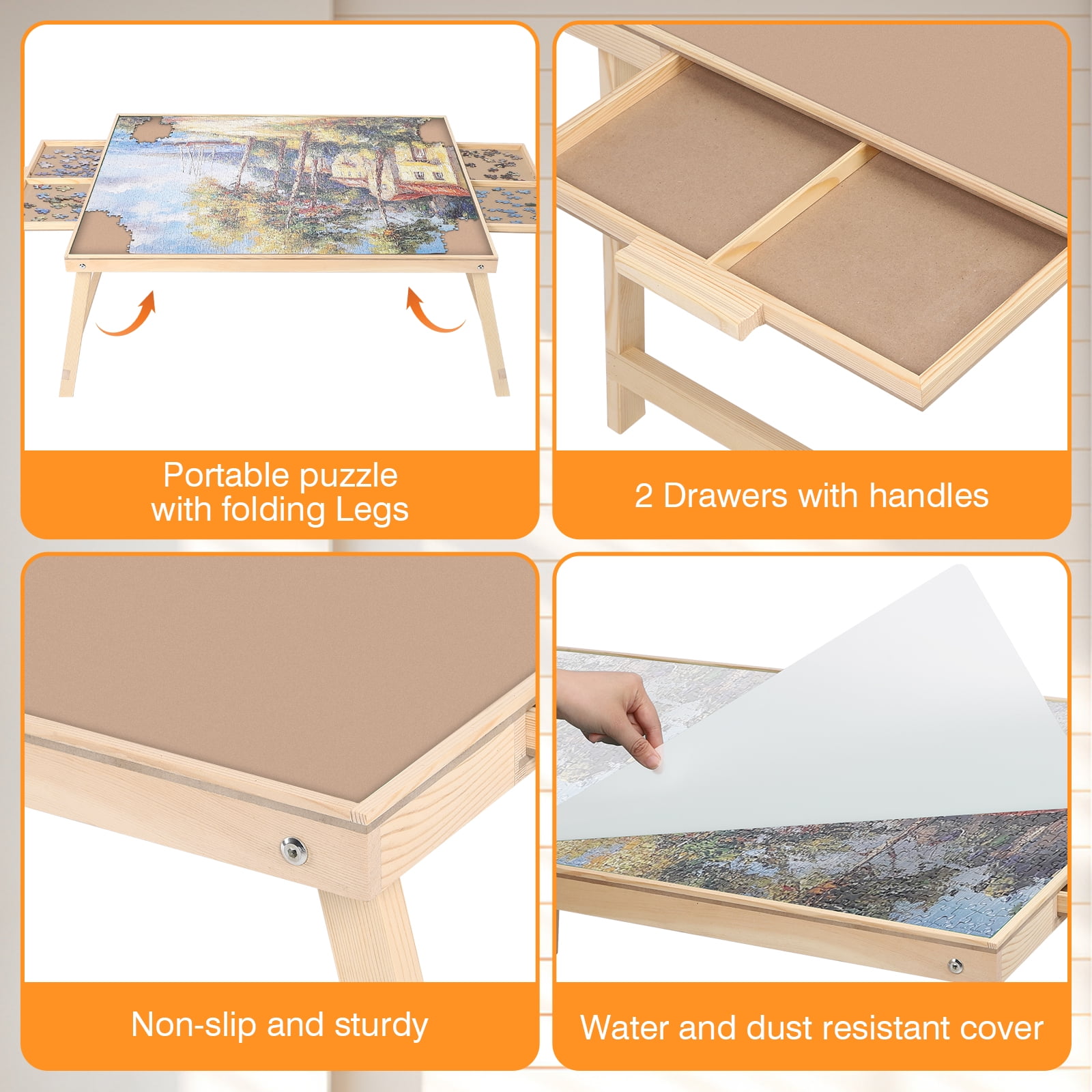 KALNUR Jigsaw Puzzle Board with Folding Legs and 2 Sliding Drawers (Natural Wood, 34 in x 26 in) 51zyj