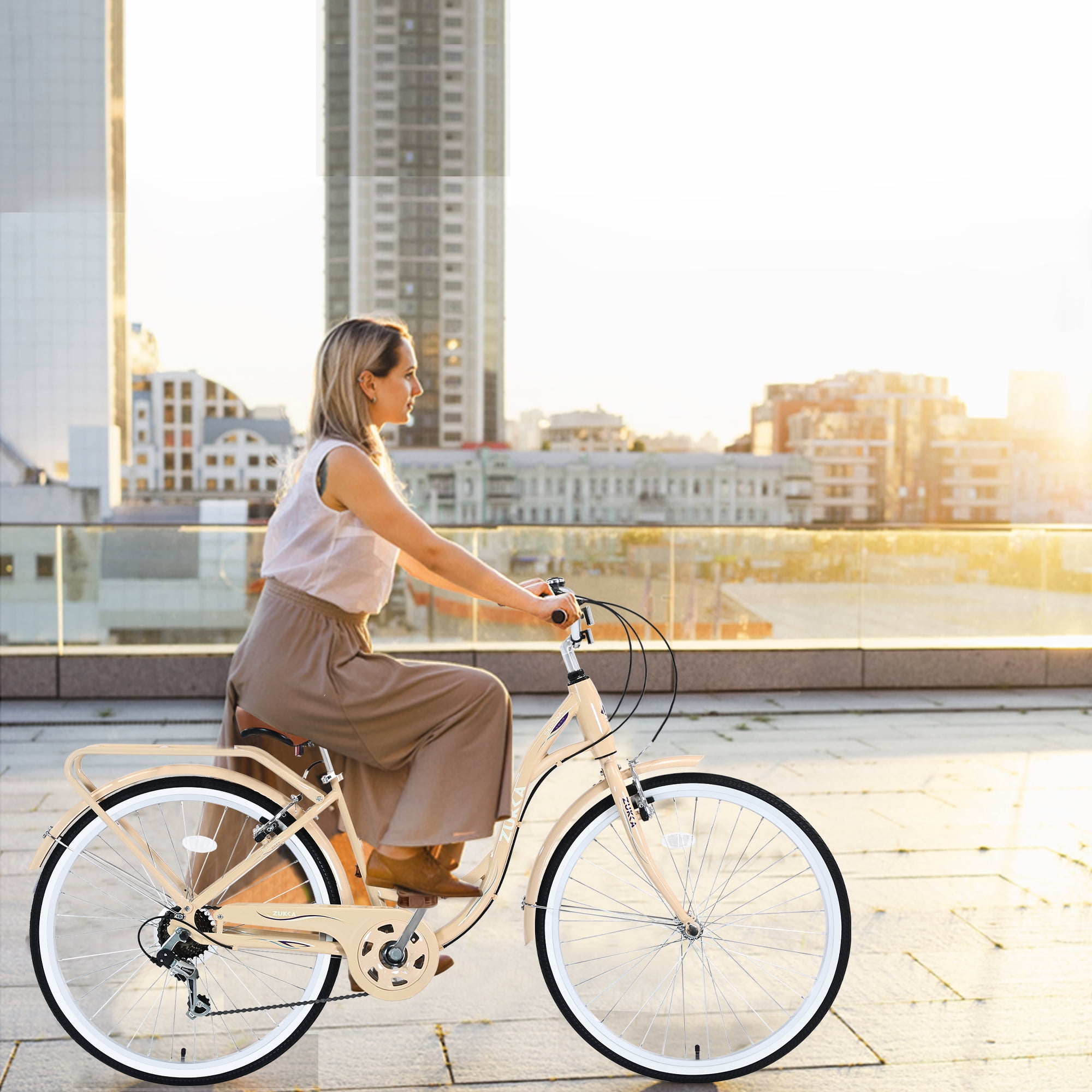 Juuar 24 in Cruiser Bike for Women, 7-Speed Steel Frame City Commuter Bicycle (Beige, 24 in) xn8xz