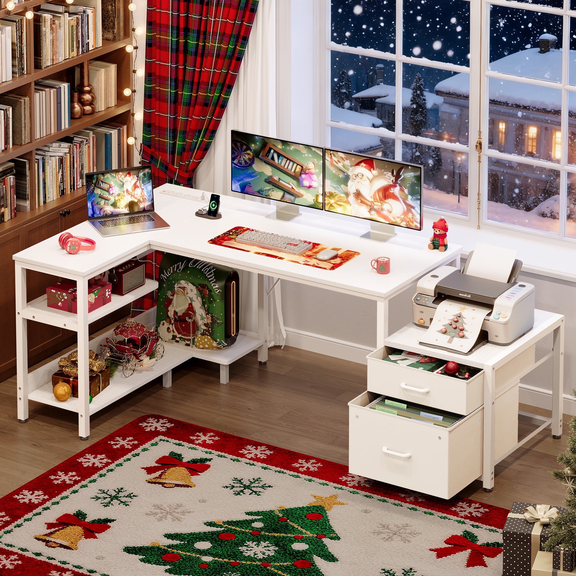 Casacomoda L-Shaped Computer Desk with Power Outlets, File Drawer, and Storage Shelves (White) cimfp