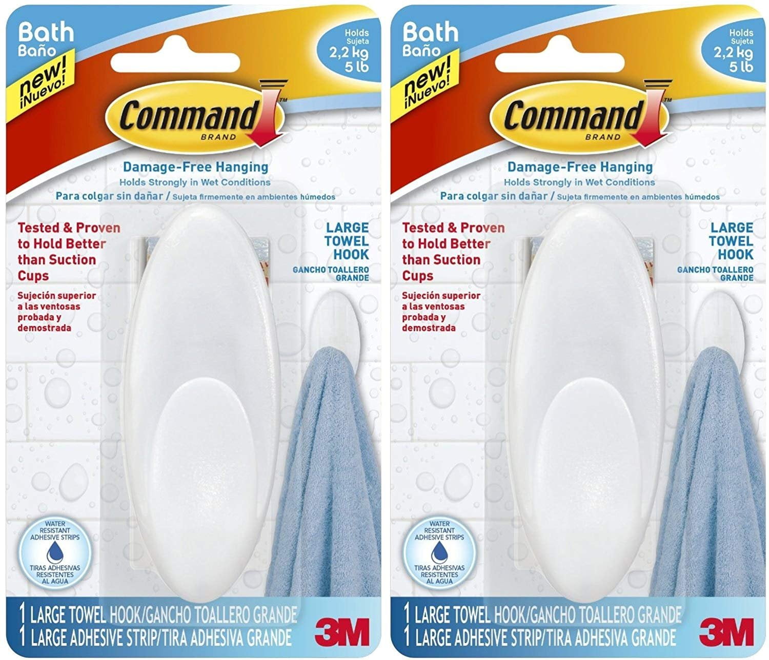 Command Bath Large Towel Hook, Adhesive Damage-Free Wall Mount, Water-Resistant (White, 2 Pack) 0x4gf
