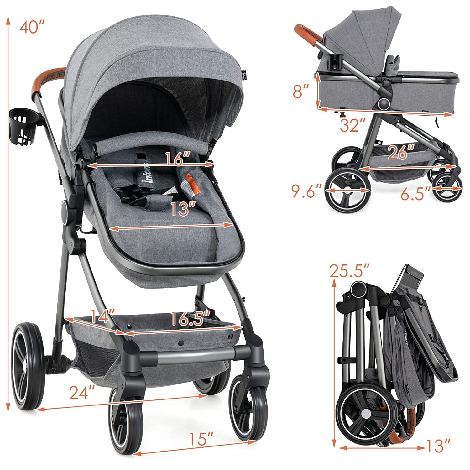 Olakids 2-in-1 Convertible Baby Stroller, High Landscape Reversible Pram with Adjustable Canopy and 5-Point Harness (Grey) tc6m1
