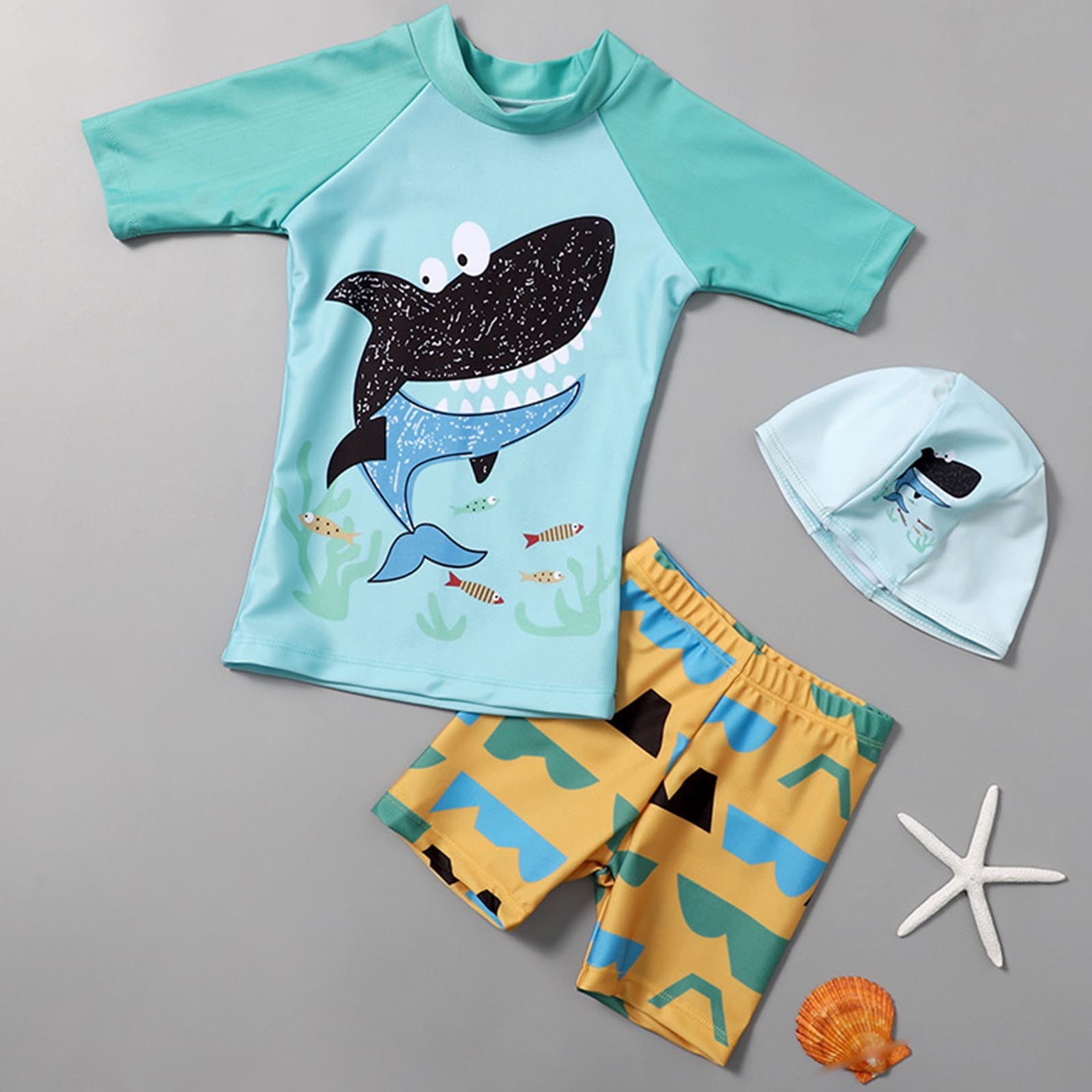 Lvshlu Boys 3-Piece Swimsuit Set Short Sleeve Rash Guard with Swim Shorts (Blue, Size 1-8) kk8qs