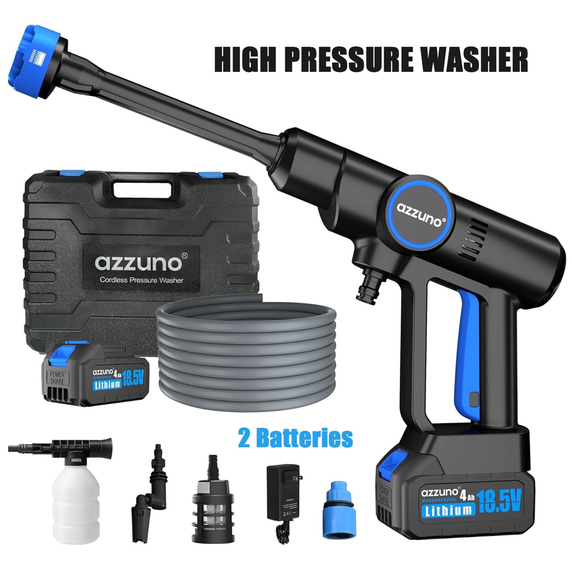 AZZUNO Cordless Power Washer 850 PSI Portable Pressure Cleaner with 6-in-1 Nozzle (2 x 4000mAh Batteries) 8idqi