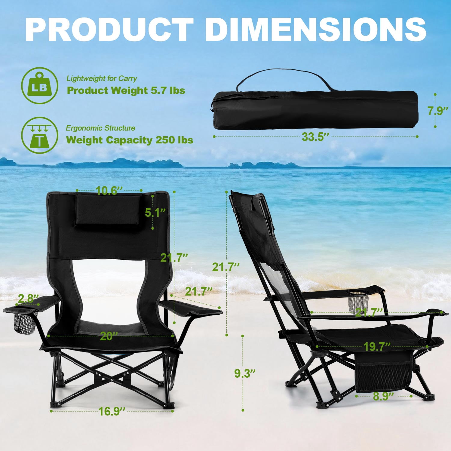 Walchoice Low Beach Chair, Heavy Duty Folding Camping Chair with High Back, Detachable Pillow, and Cup Holder (Black, 30.7 in Wide Seat) appdq