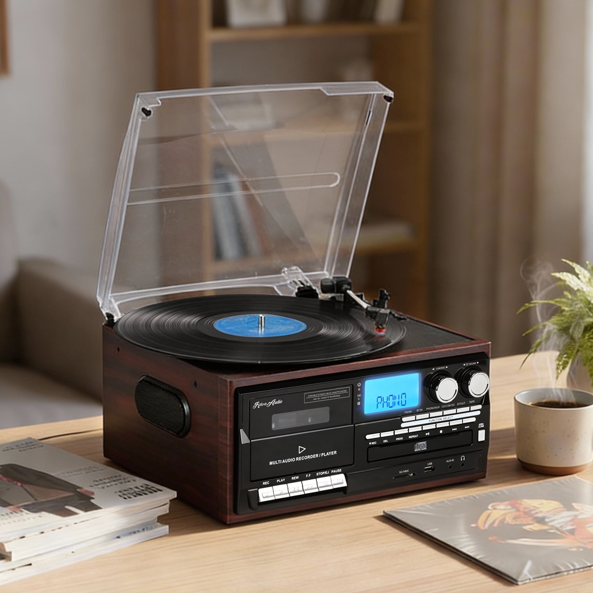 RetroAudio 10-in-1 Vintage Turntable System with Bluetooth, CD, Cassette, AM/FM Radio, and USB Recording (Red) 6i40e