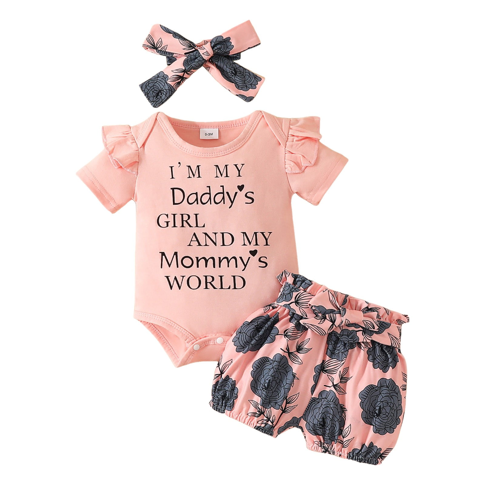 Qopobobo Toddler Girl Summer Outfit Short-Sleeve Romper Floral Ruffled Shorts Headband Set (Light Pink, 3-6 Months) rivki