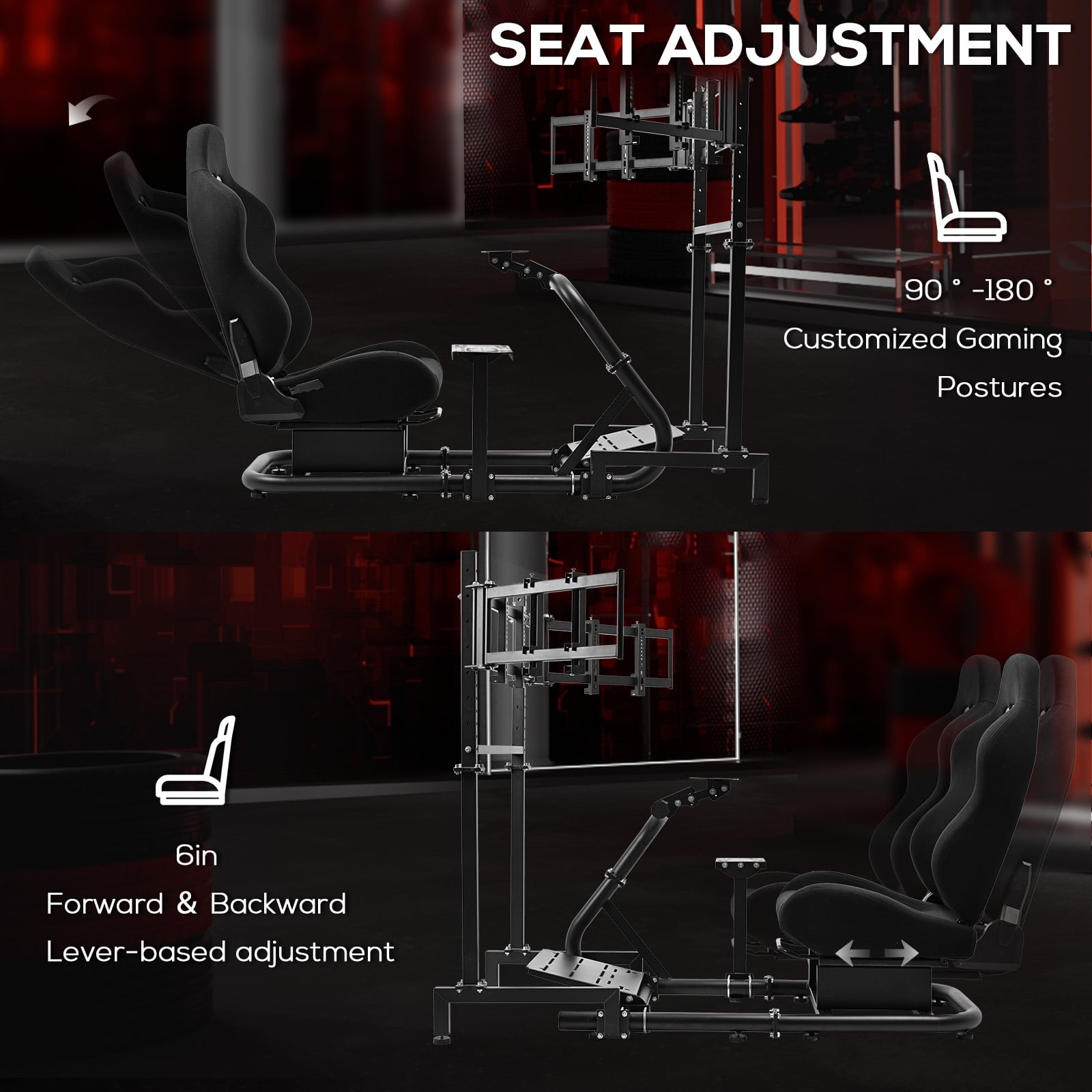 Supllueer Racing Simulator Cockpit with Triple Monitor Stand and Adjustable Seat (Black, 50 in x 24 in x 45 in) 5strn