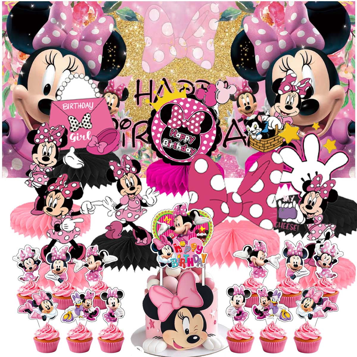 LINLUUAS Minnie Mouse Birthday Party Decoration Set with Honeycomb Centerpieces and Backdrop (21 Piece Set) f33gy