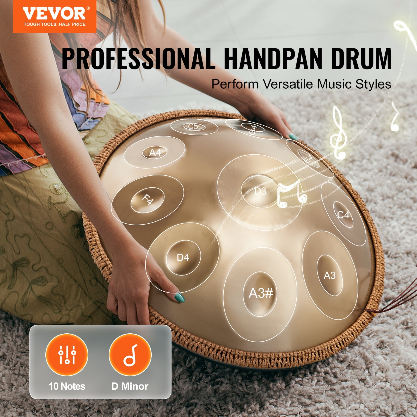 VEVOR Handpan Drum, 10 Notes D Minor Steel Percussion Instrument with Stand, Mallets, and Carry Bag (22 in) c4rm0