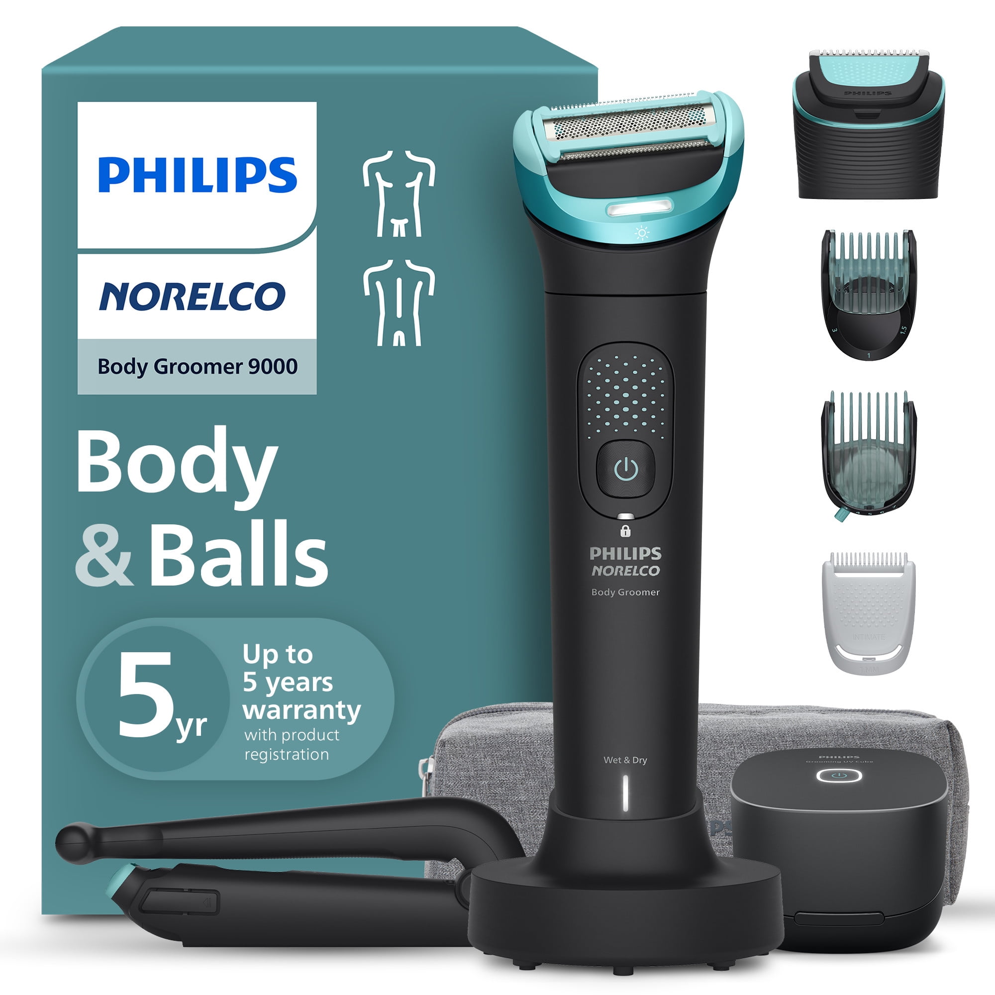 Philips Norelco Body Groomer 9000 Series, Full Body Hair Trimmer and Intimate Shaver System with UV Sanitizer and Back Attachment (Black, 11 Length Settings) szom3