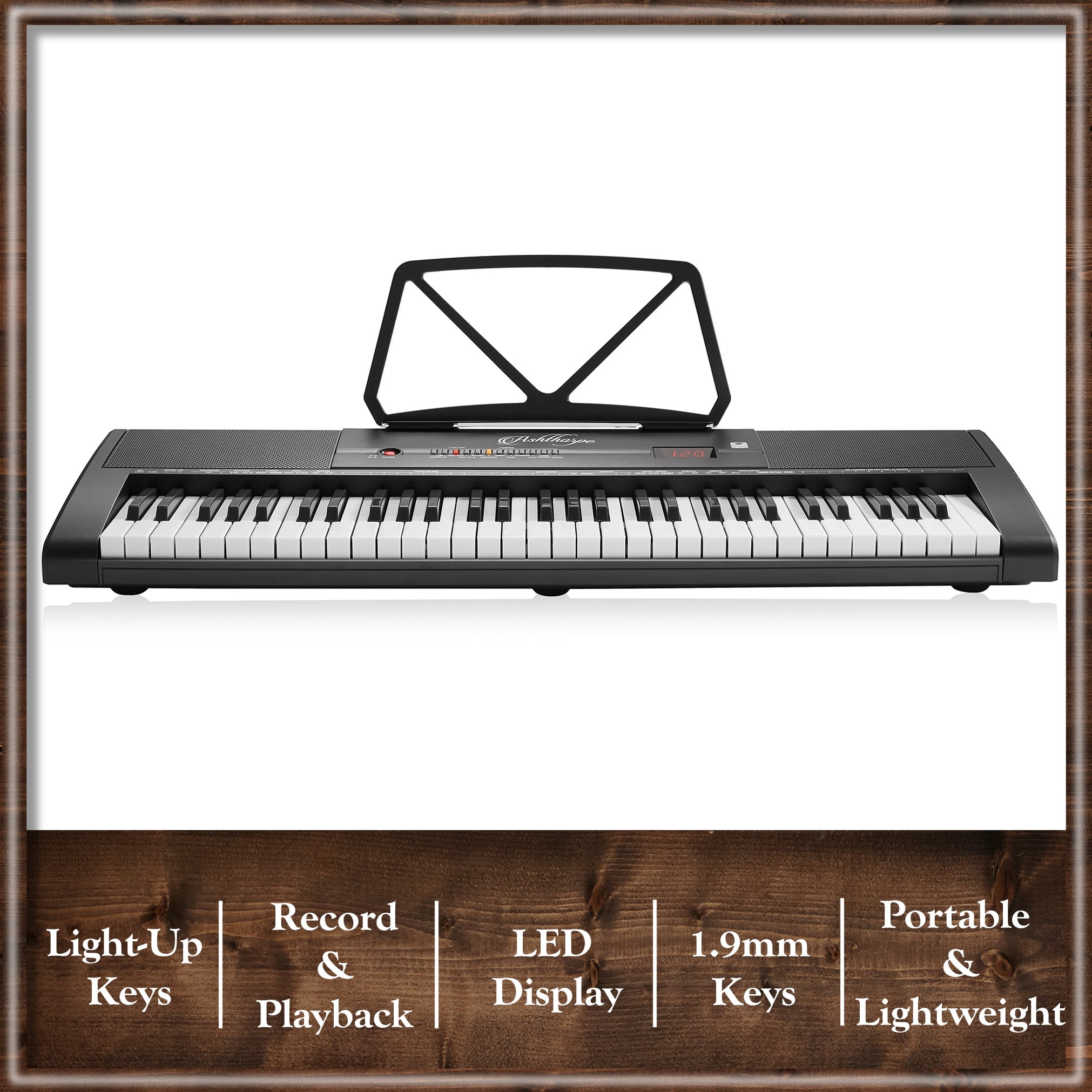 Ashthorpe 61-Key Digital Electronic Keyboard Piano with Light Up Keys, Beginner Kit with Stand and Stool (Black, 35.75 in x 10.25 in x 3 in) ddr9p