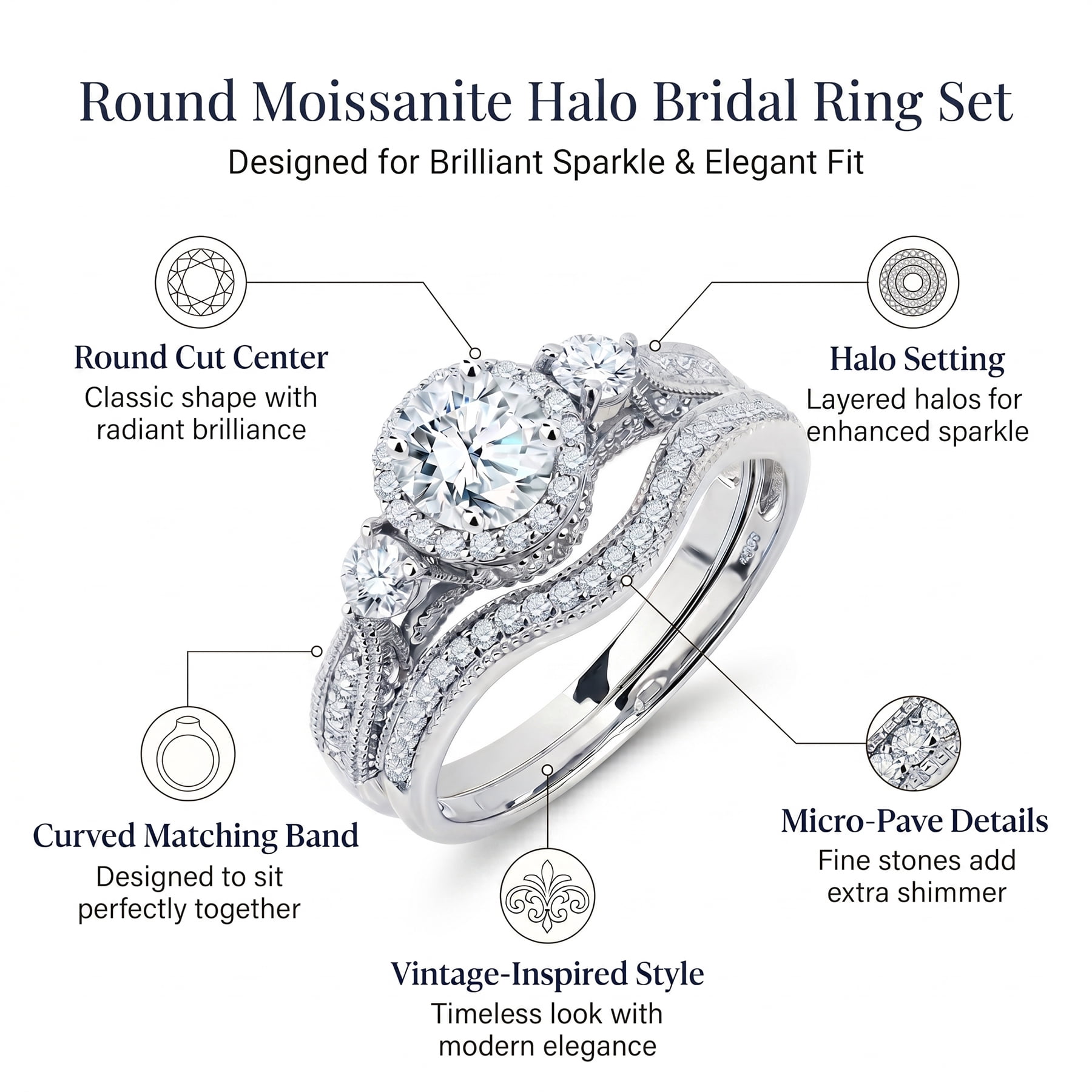 JeenMata Moissanite Wedding Ring Set Round Cut Vintage Halo Bridal Set (White, 2 Carat) dt6y2