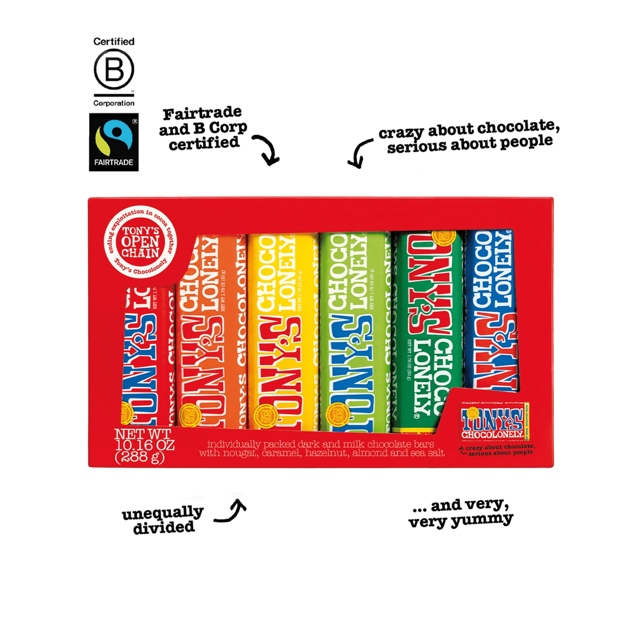 Tony's Chocolonely Chocolate Bar Variety Pack, Fairtrade Certified Cocoa (6 Bars, 1.8 oz each) be800