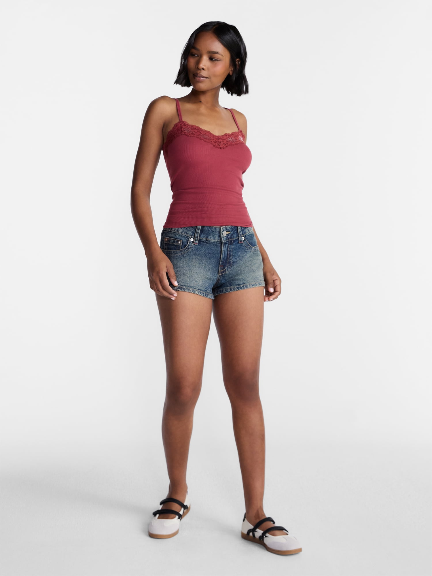 No Boundaries Sequin Lace Trim Cami Top (Red, XXS) x71r3