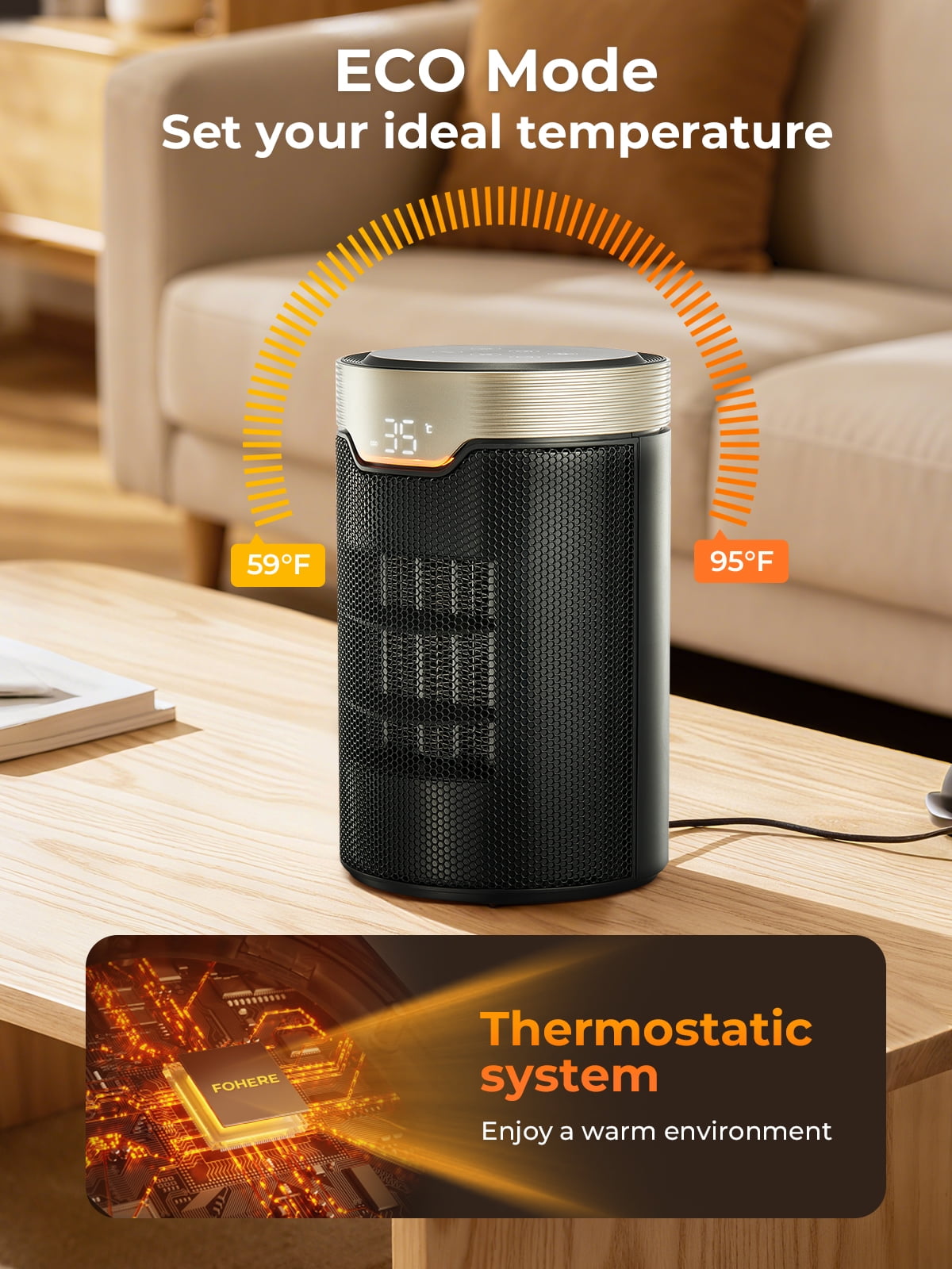FOHERE Portable Electric Space Heater, Ceramic Indoor Heater with Digital Thermostat and Quiet Operation (Black, 1500W) q7f8x