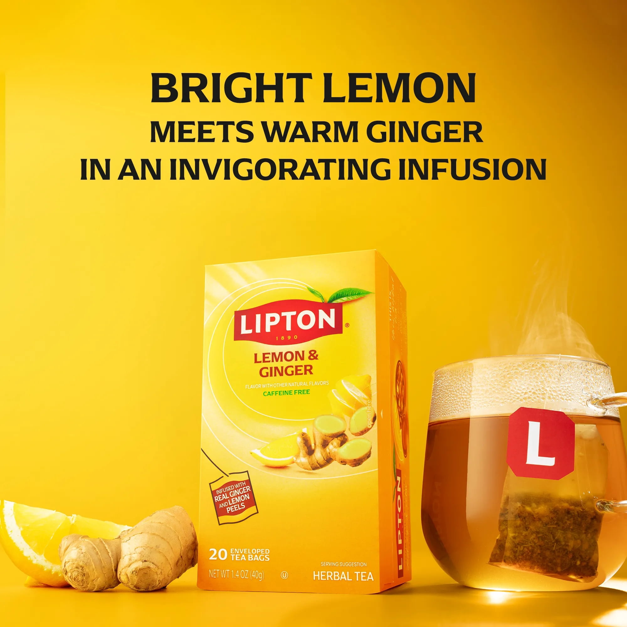 Lipton Lemon Ginger Refresh Herbal Tea, Caffeine Free, Fruit Infused (20 count, pack of 4) ecnmd