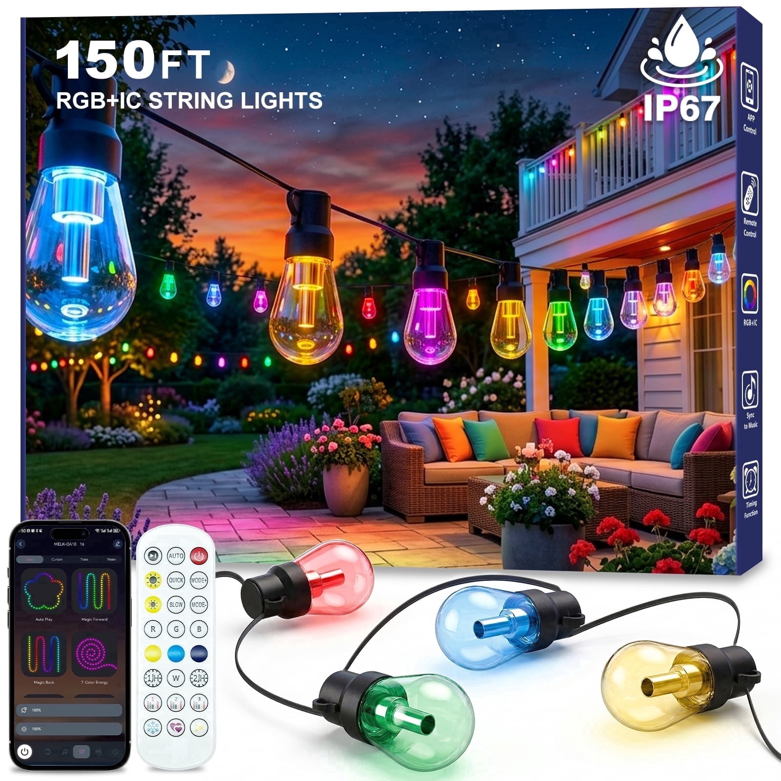 Beizelte RGB LED Outdoor String Lights, Dimmable Waterproof Chasing Color Patio Lighting with App Control (Multicolor, 150 ft) 5e2em