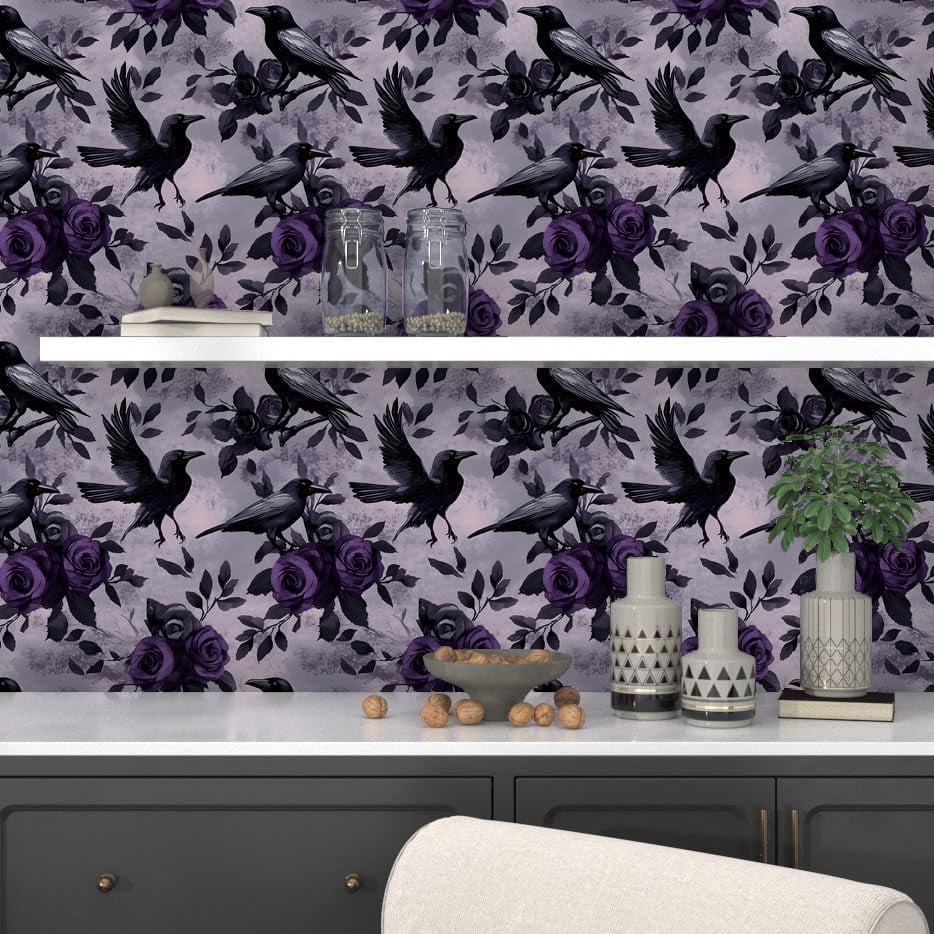 Usachibb Peel and Stick Wallpaper, Crane Bird Floral Contact Paper (Dark Green, 17.5 in x 118 in) 8ncdf