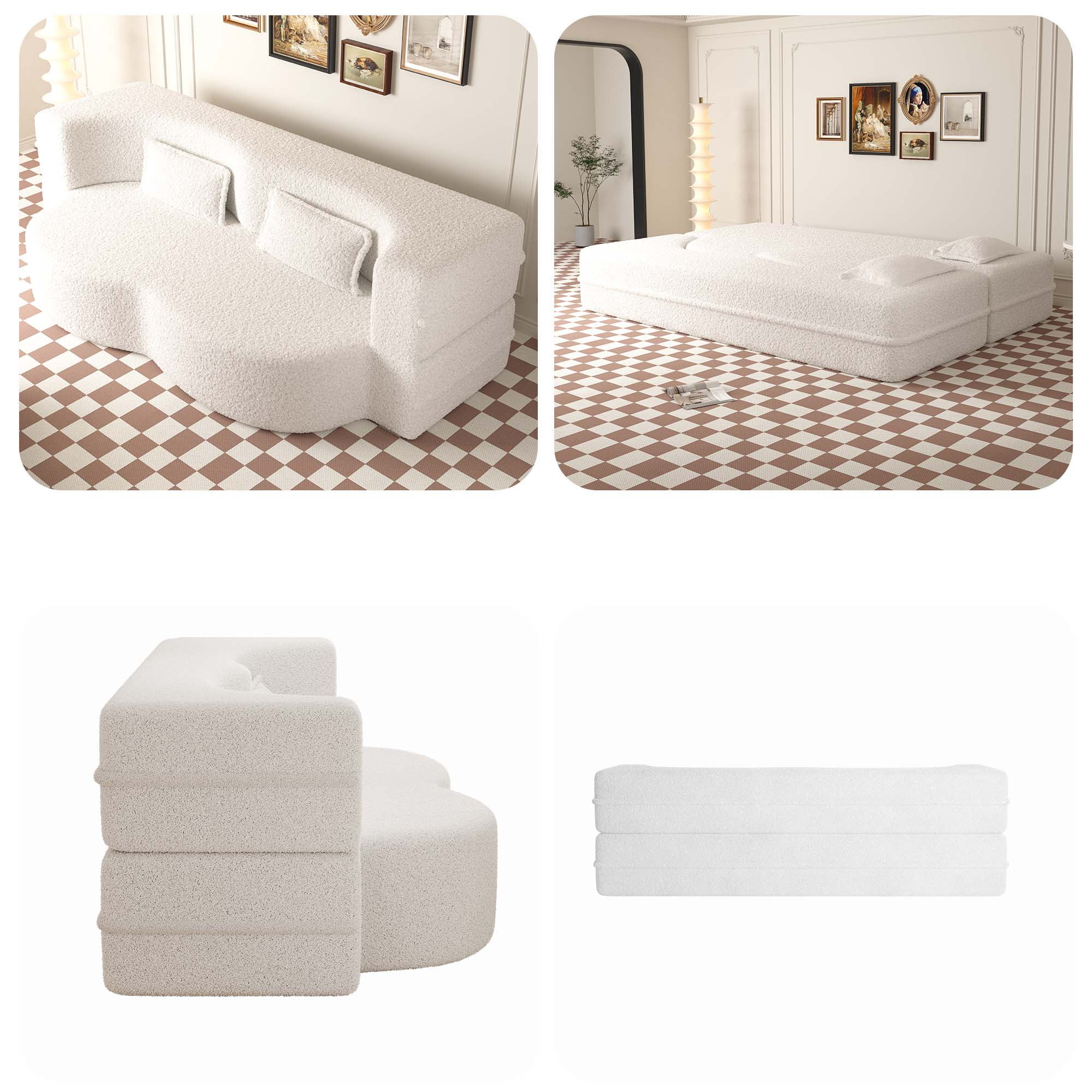 FIRSCOOK Convertible Sleeper Sofa Bed, Teddy Fabric Folding Floor Couch with 2 Pillows (Beige, Full Size) hx0zq