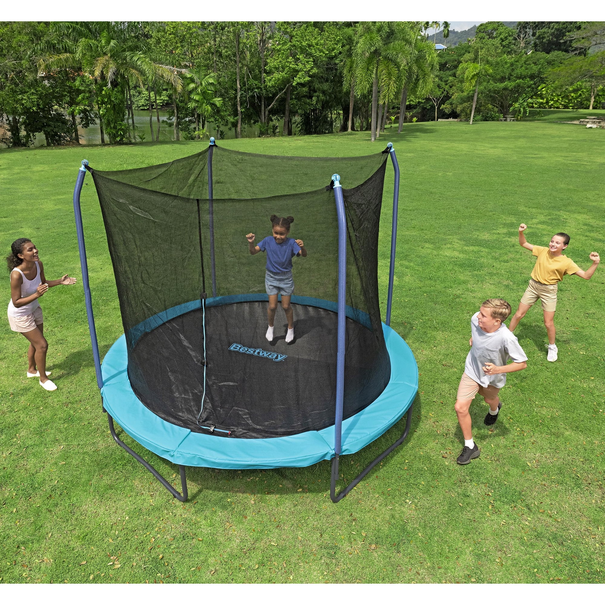 Bestway Xtreme Air Trampoline with Safety Enclosure and Foam-Padded Poles (Blue, 10 ft) 7eu2a