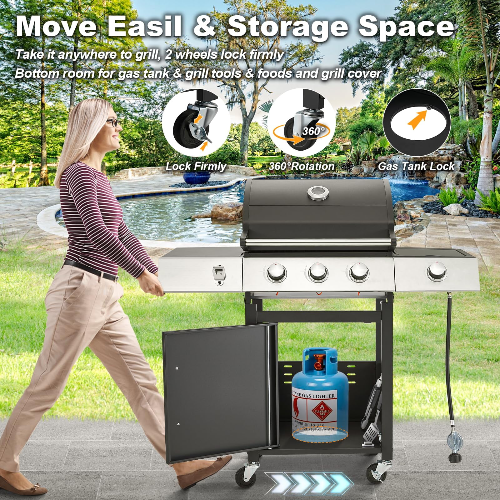 MELLCOM 3-Burner Propane Gas Grill with Side Stove and Cast Iron Grates (Black, 43.3 in x 18.9 in x 43.3 in) aifg2