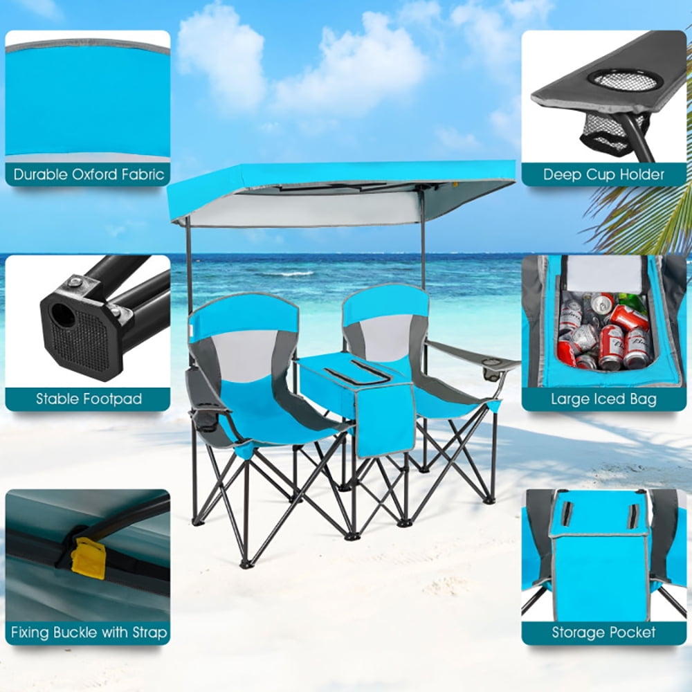 YYAO Portable Folding Camping Chair with Canopy and Cooler Bag (Blue, 265 lb Capacity) kac6z