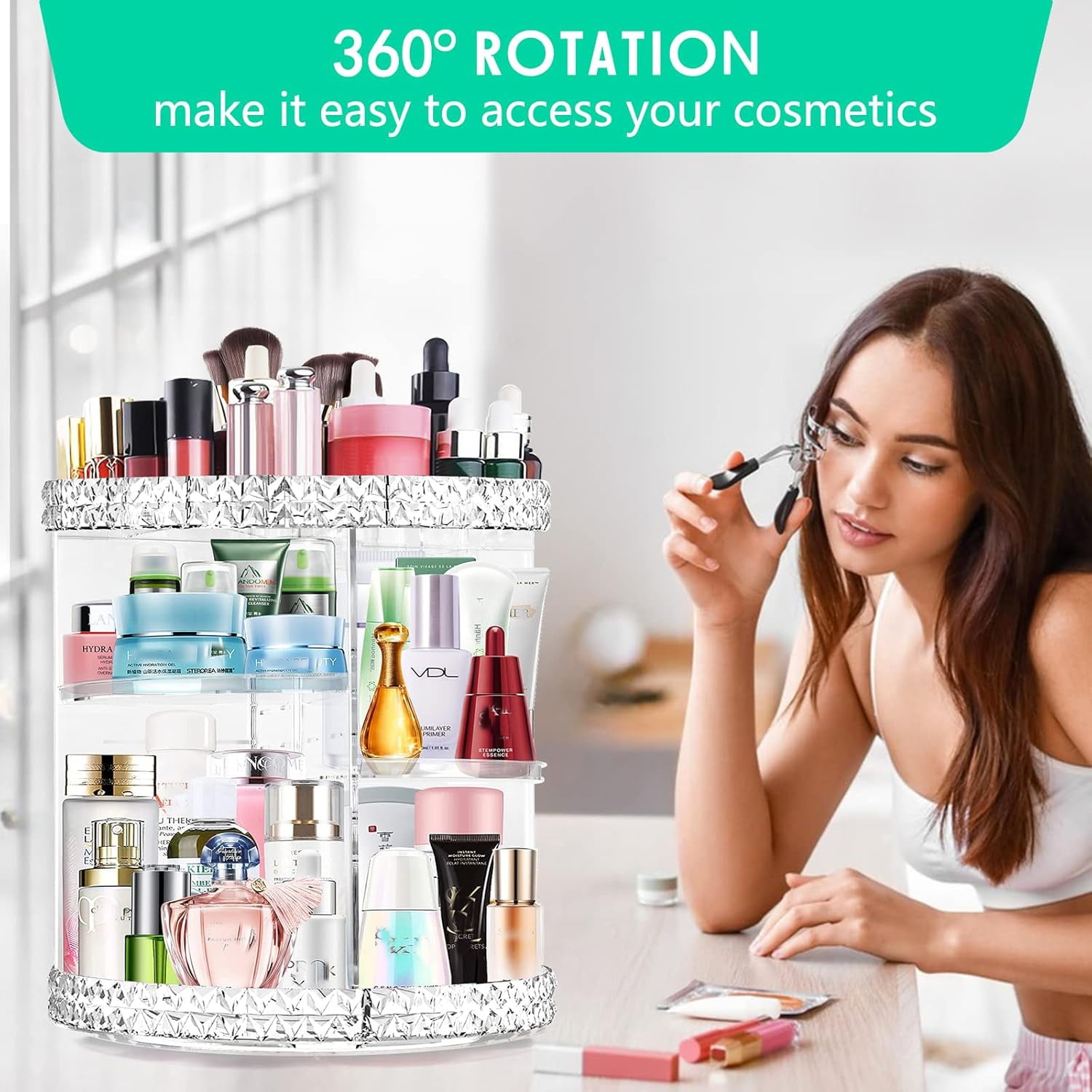 RIFESHOW 360 Rotating Makeup Organizer, Adjustable Large Capacity Cosmetic Display Case (Clear, 12 in x 9 in) 6wdbv