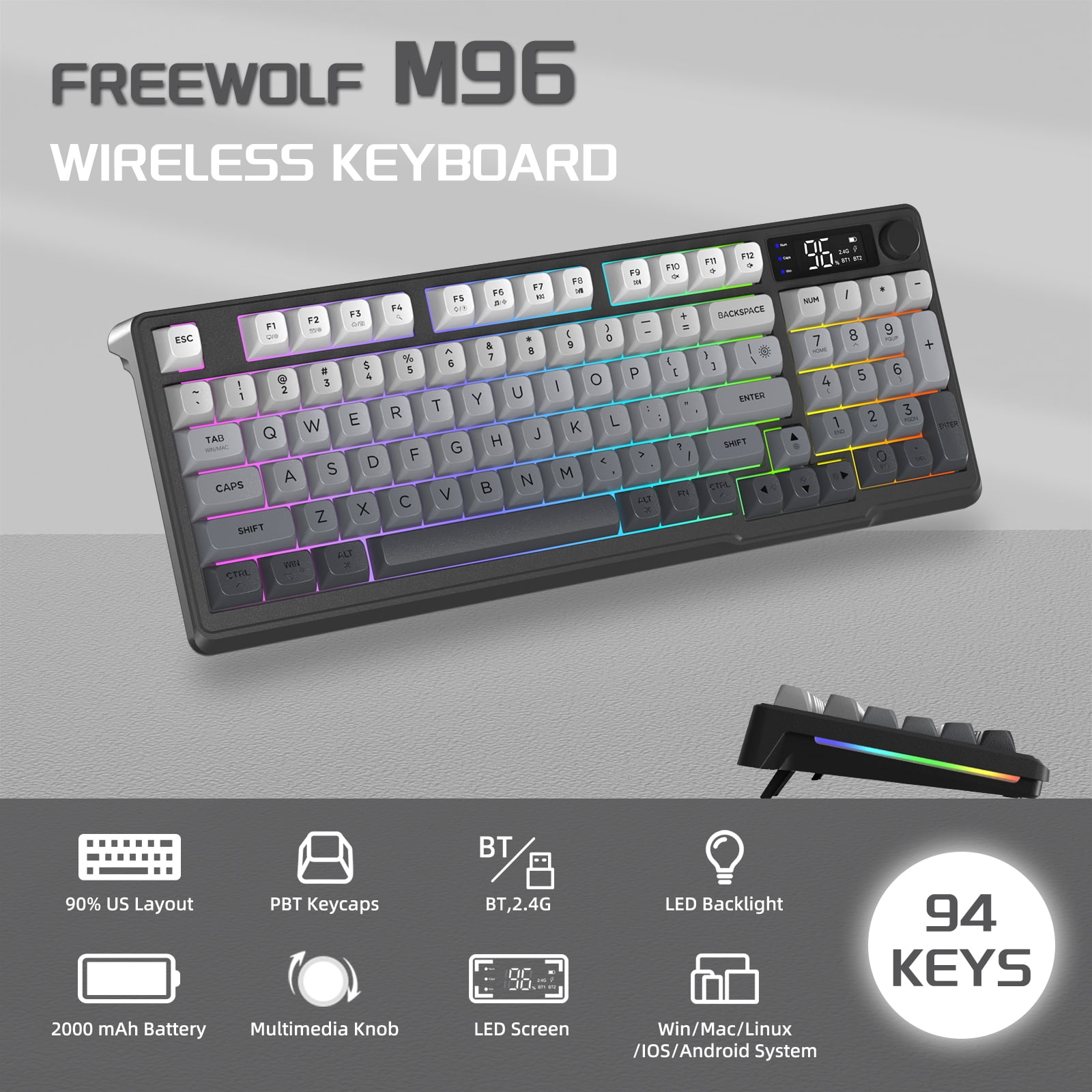 Free Wolf M96 Wireless Gaming Keyboard, Membrane Mechanical Feel with LCD Screen & Media Knob (Grey, 94 Key) kzbu3