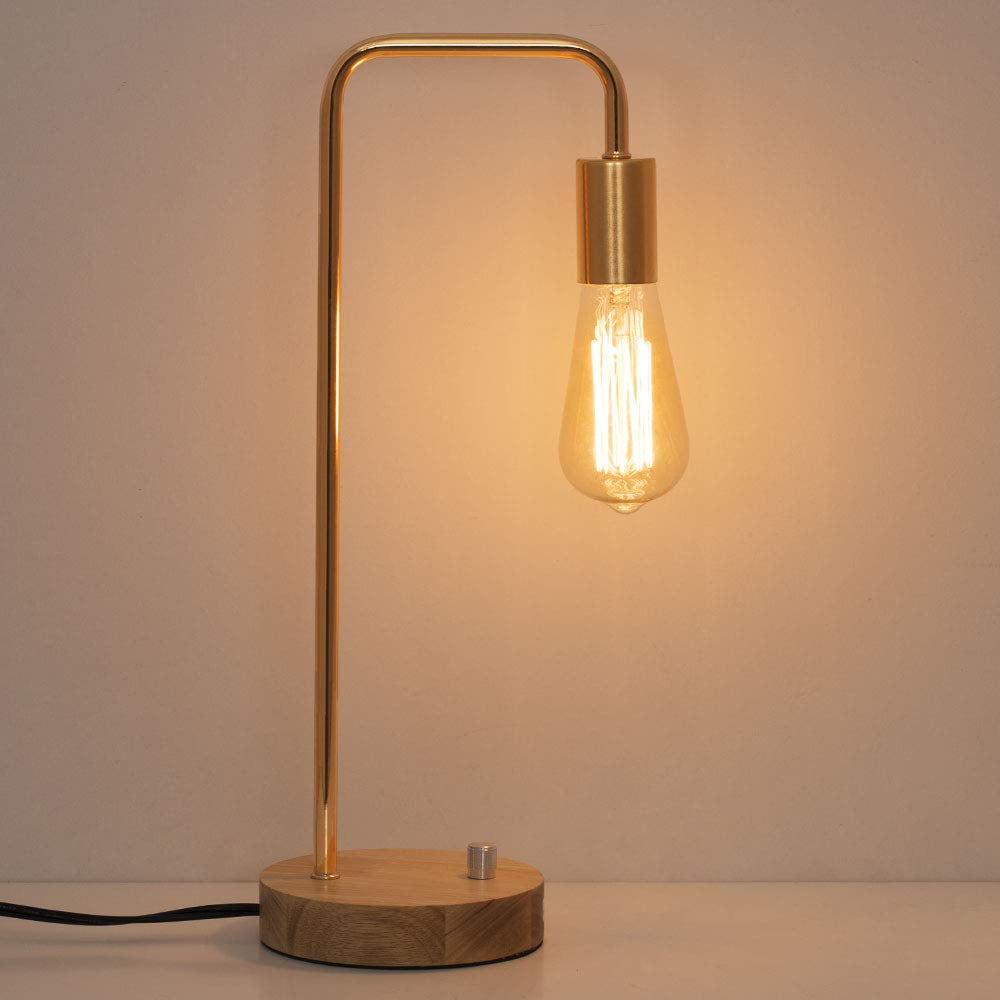 Haitral Industrial Desk Lamp with Metal Frame and Wooden Base (Gold, 15 in) vuqmf