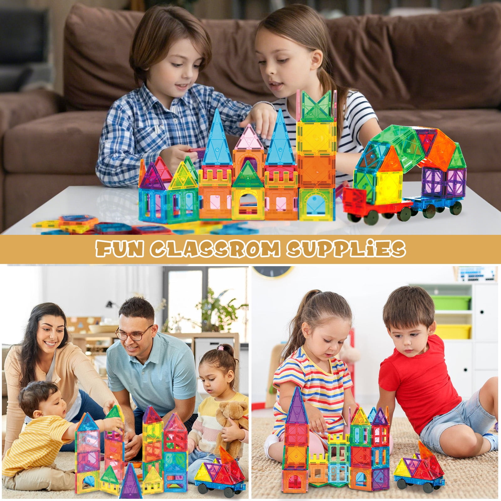 FunMagic Magnetic Tiles Building Set, 3D STEM Stacking Blocks for Creative Play (Yellow, 102 Pieces) arb85