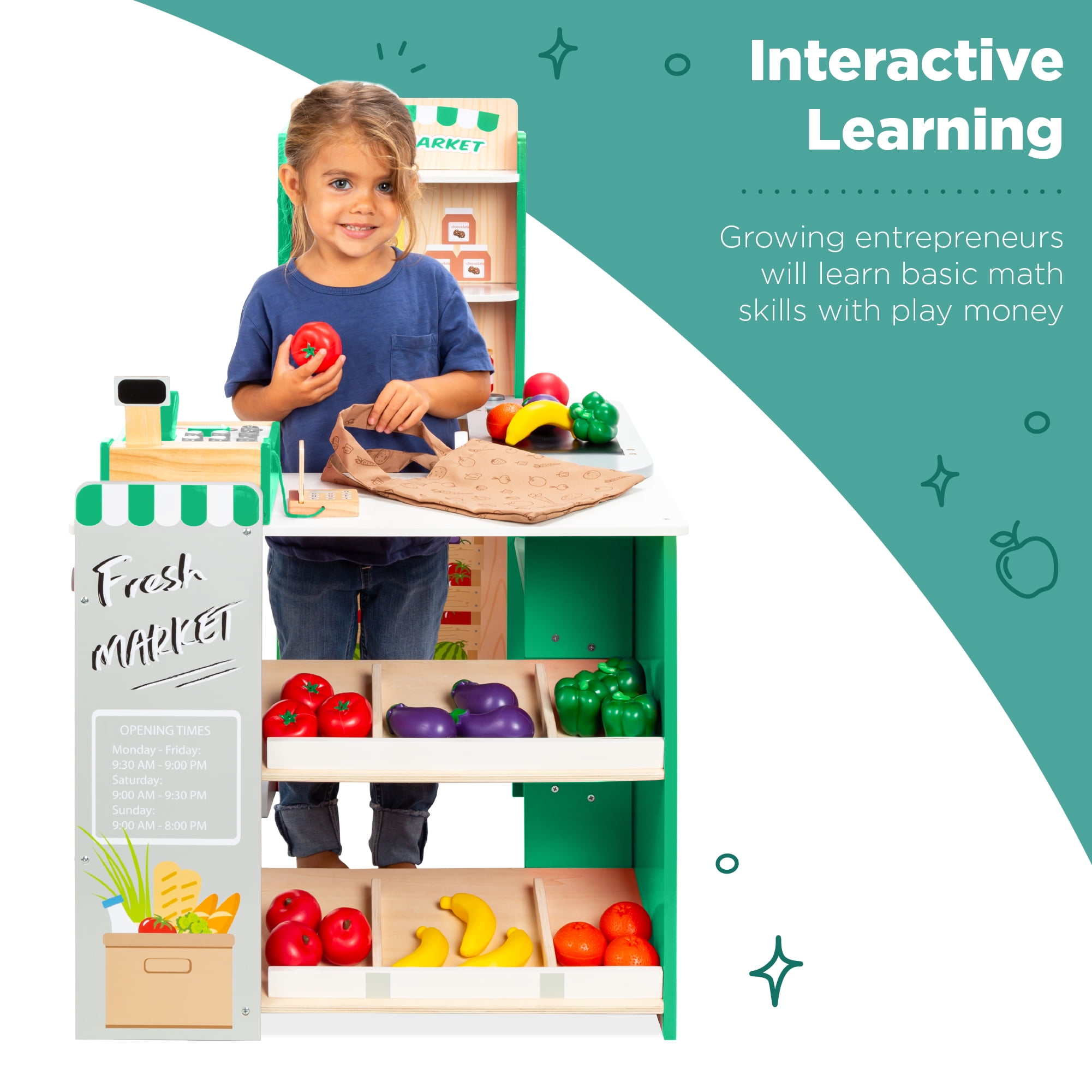 Best Choice Products Kids Pretend Play Grocery Store Wooden Supermarket Set with Chalkboard and Cash Register (Green, 35 in x 23 in x 36 in) plnd3