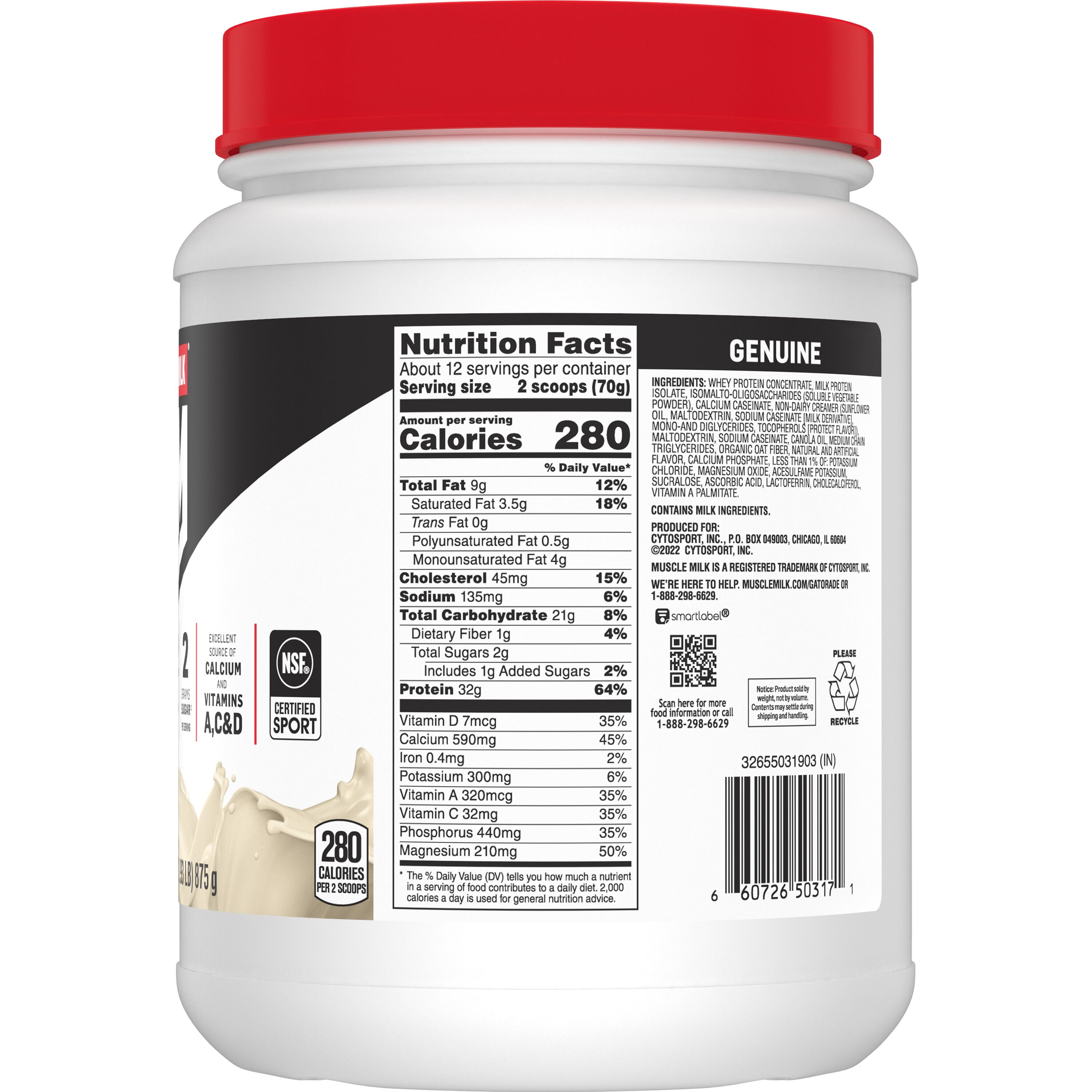 Muscle Milk Genuine Protein Powder, Vanilla Creme, Post-Workout Recovery & Muscle Support (Vanilla, 1.93 lb) t4zfd