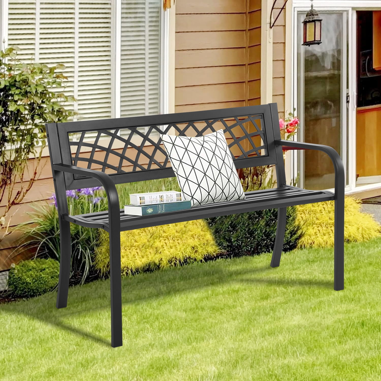 NiamVelo Outdoor Metal Garden Bench, Rust-Resistant Steel Patio Park Chair with Mesh Pattern (Black, 45.5 in x 21.7 in x 30 in) e06dq