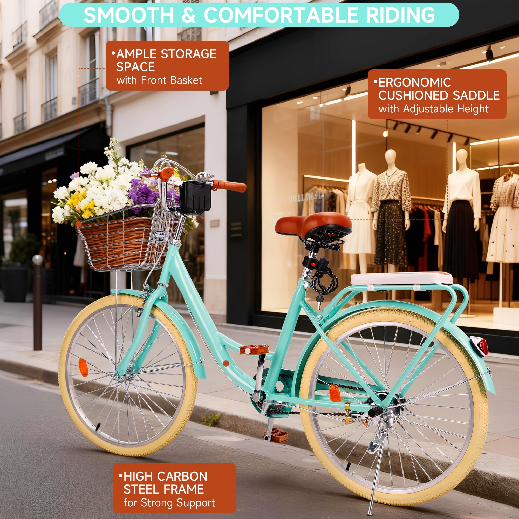 Bruce & Shark 26 inch Commuter Bicycle, City Cruiser Bike with Rear Rack and Basket (Pink) y9894