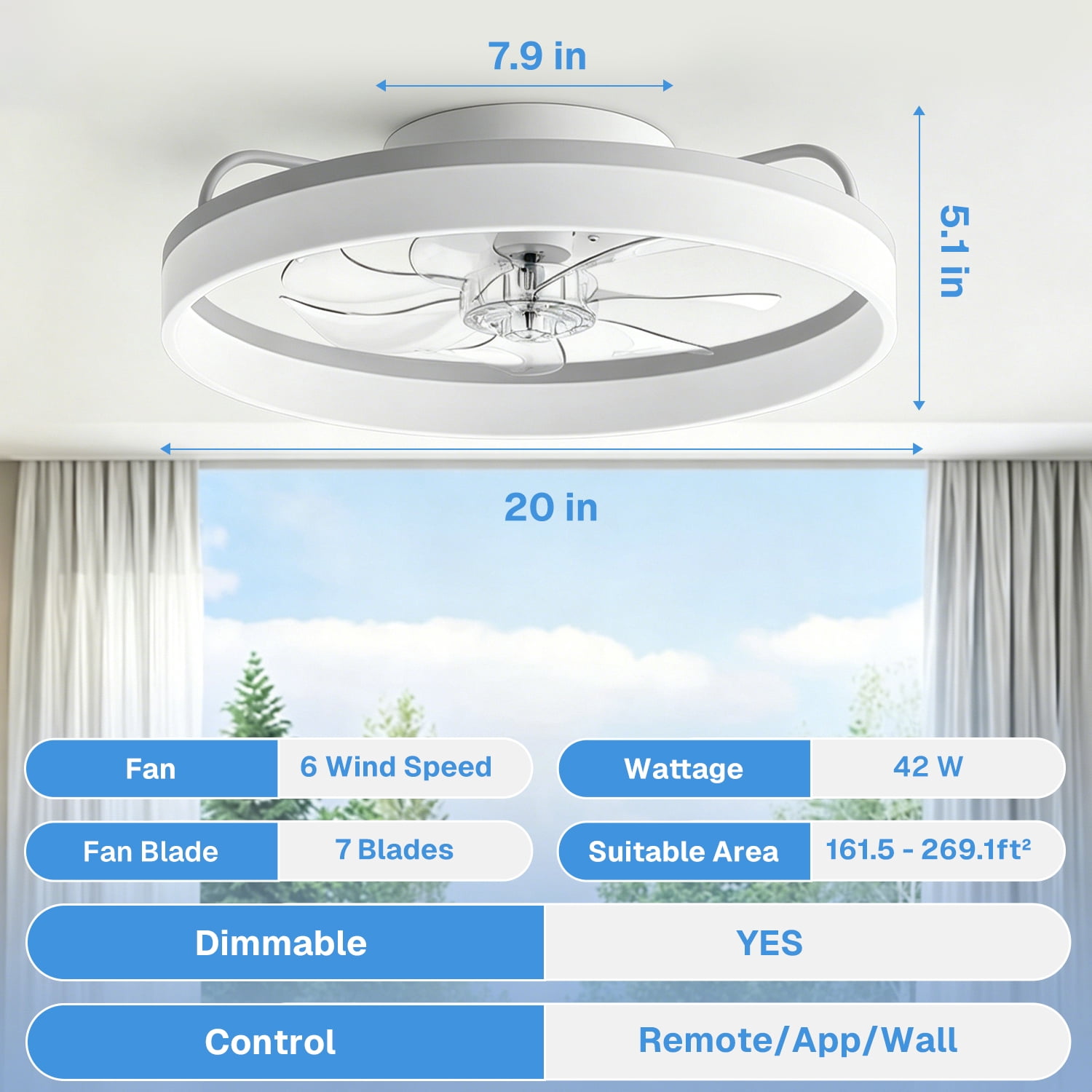 Behome 20 in Low Profile Ceiling Fan with LED Light, Remote & APP Control, Flush Mount, 6-Speed Reversible Motor (White, 20 in) ws3s3