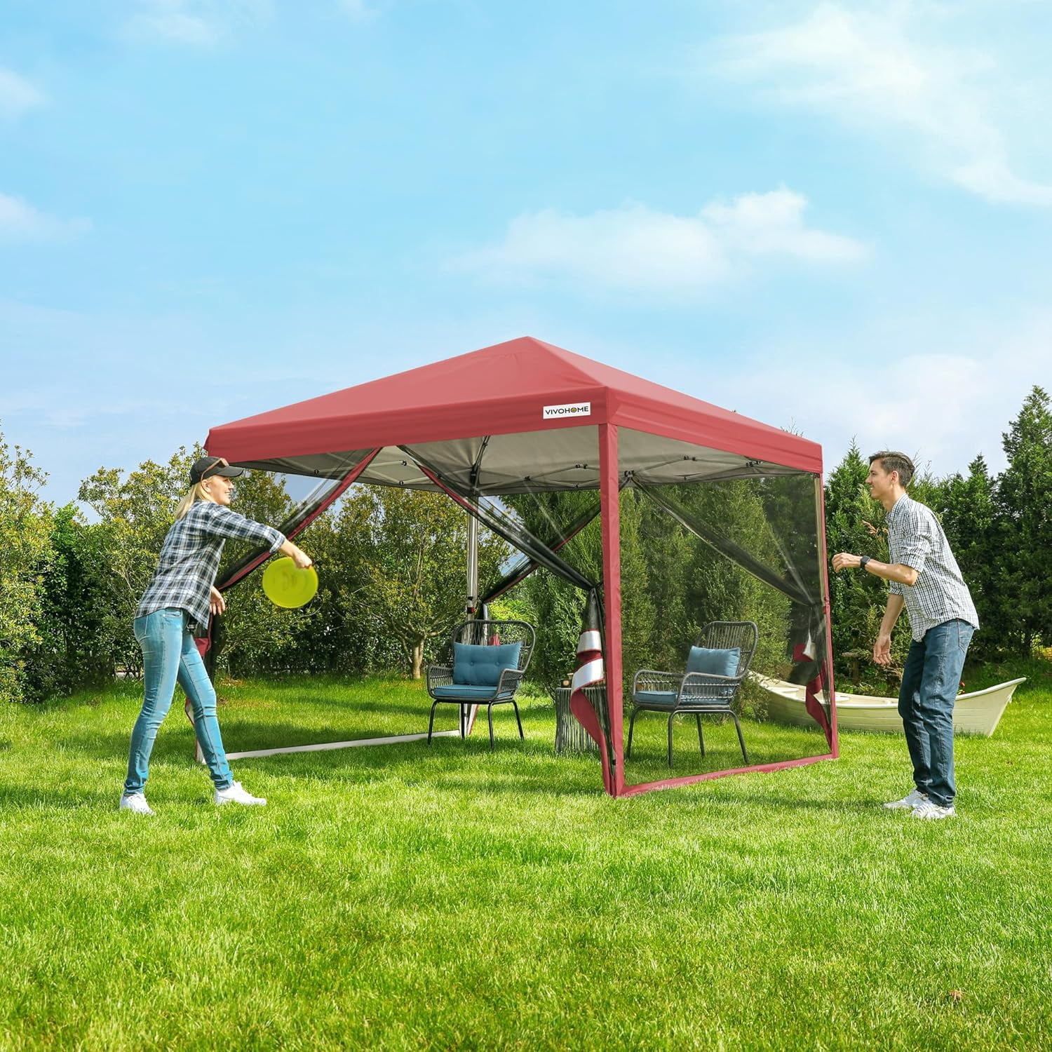 SPECSTAR 8 ft x 8 ft Easy Pop-Up Canopy Tent with Mesh Netting (Red, 8 ft x 8 ft) ui9ay