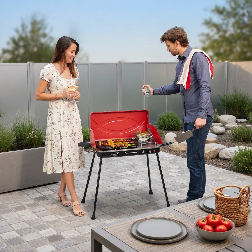 Resenkos 2-in-1 Portable Gas Camping Grill and Stove (Red, 23 in x 11.5 in x 8.5 in) bg87i