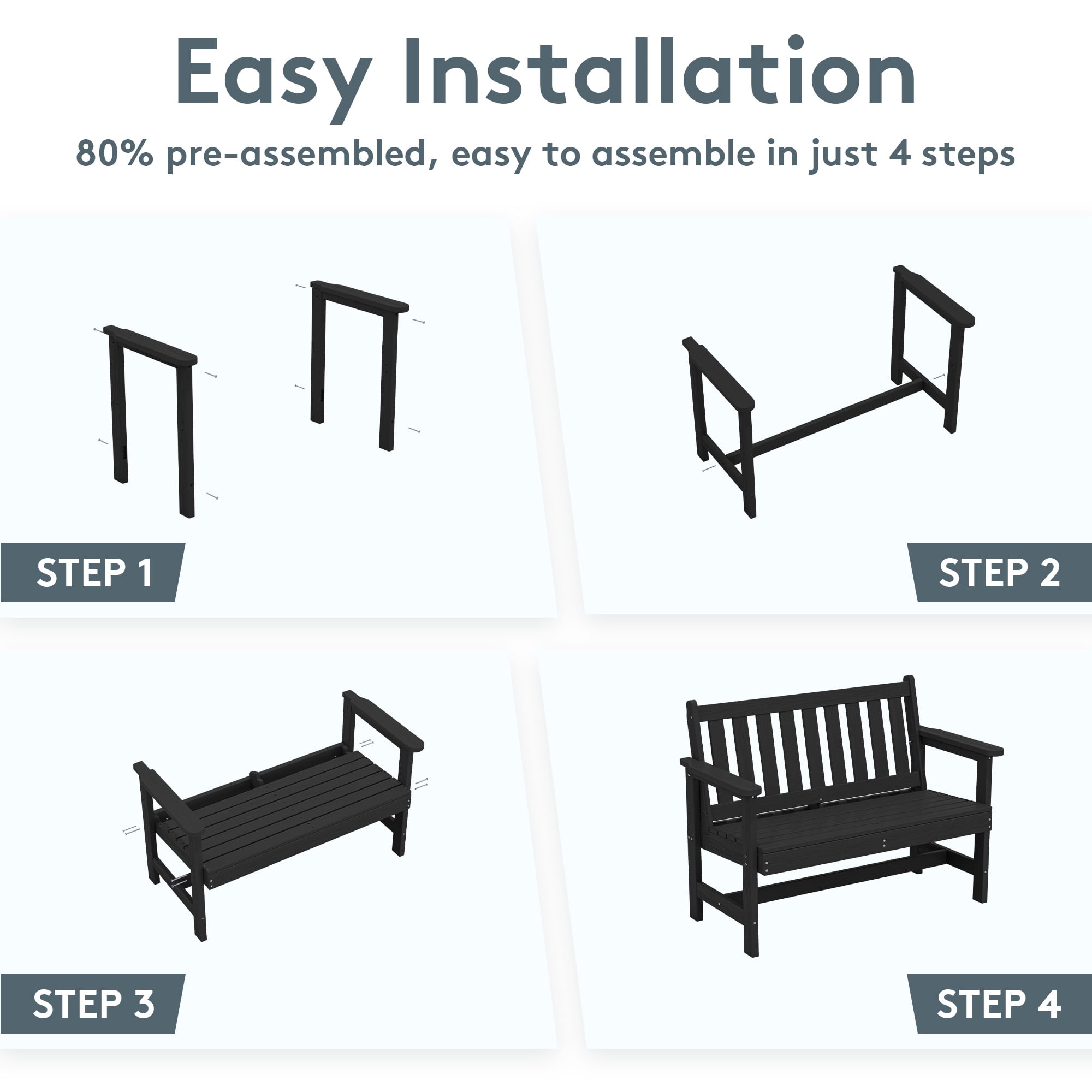 SERWALL Outdoor Patio Bench, Weather-Resistant HDPE 2-Person Garden Seating with Aluminum Reinforcement (Black, 48.82 in W) u8v4c