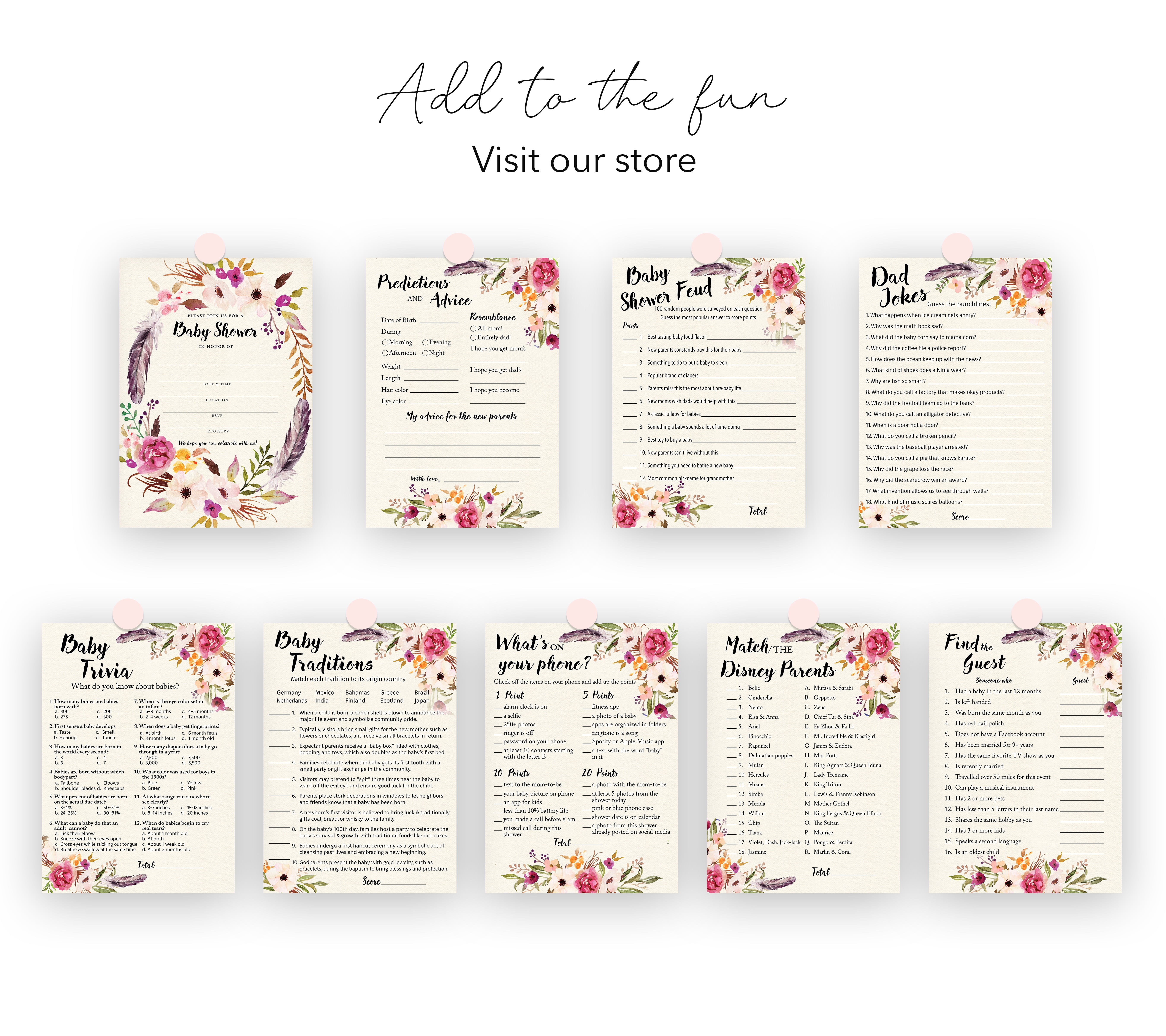 Roseum Collections Boho Baby Shower Feud Game Cards (Pink Floral, 25 Pack, 5 in x 7 in) 5h6tv