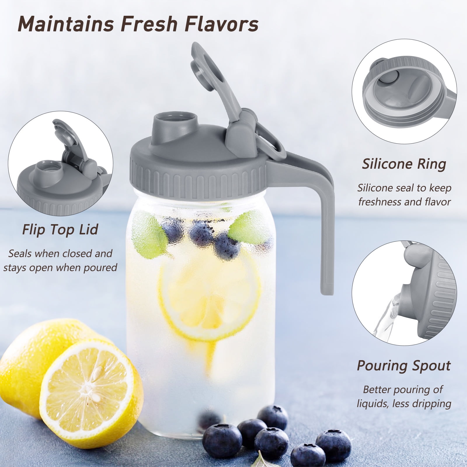VA1KENE Glass Pitcher with Lid, Mason Jar Beverage Dispenser with Spout and Handle for Iced Tea and Lemonade (Gray, 64 fl oz) ckj10