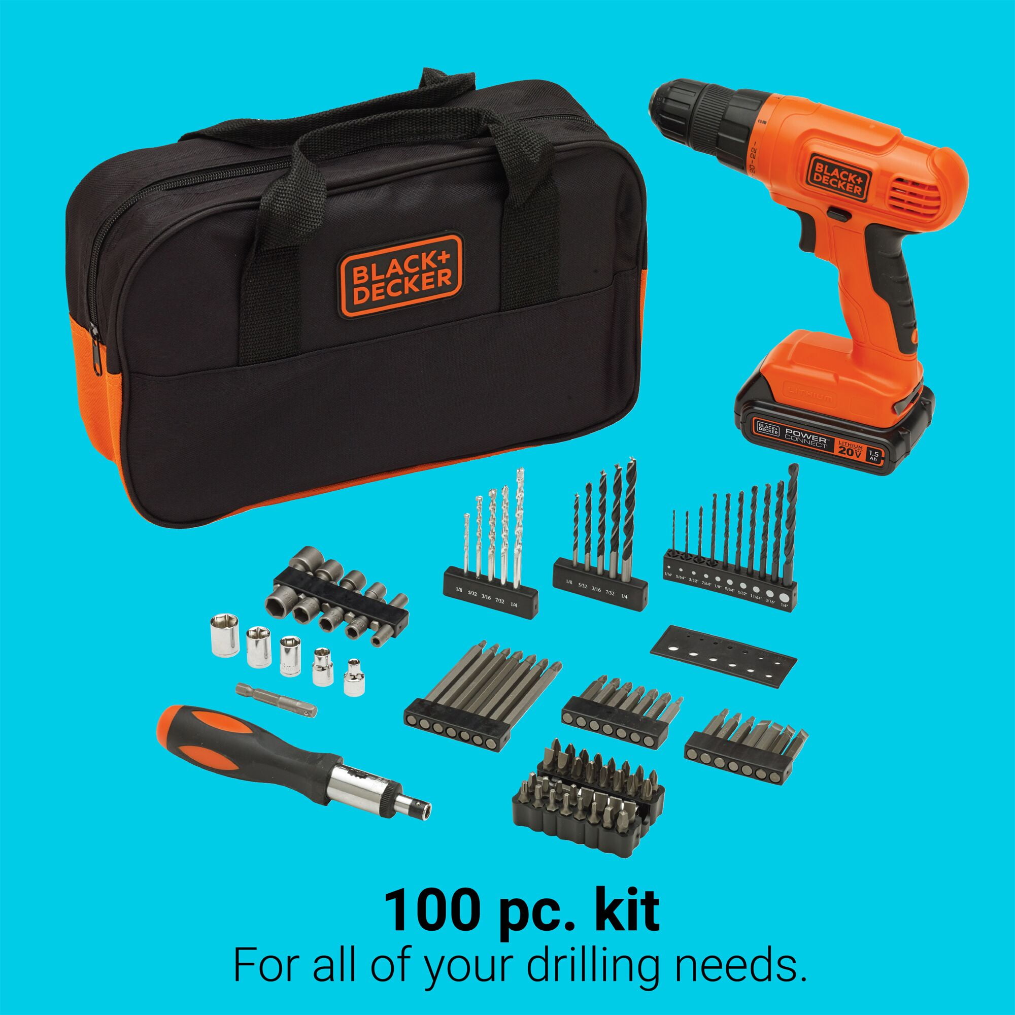 BLACK+DECKER 20V Cordless Drill and Driver Kit, Ergonomic Power Tool Set with 100 Accessories (Black, 1.5 Ah) ax3qq