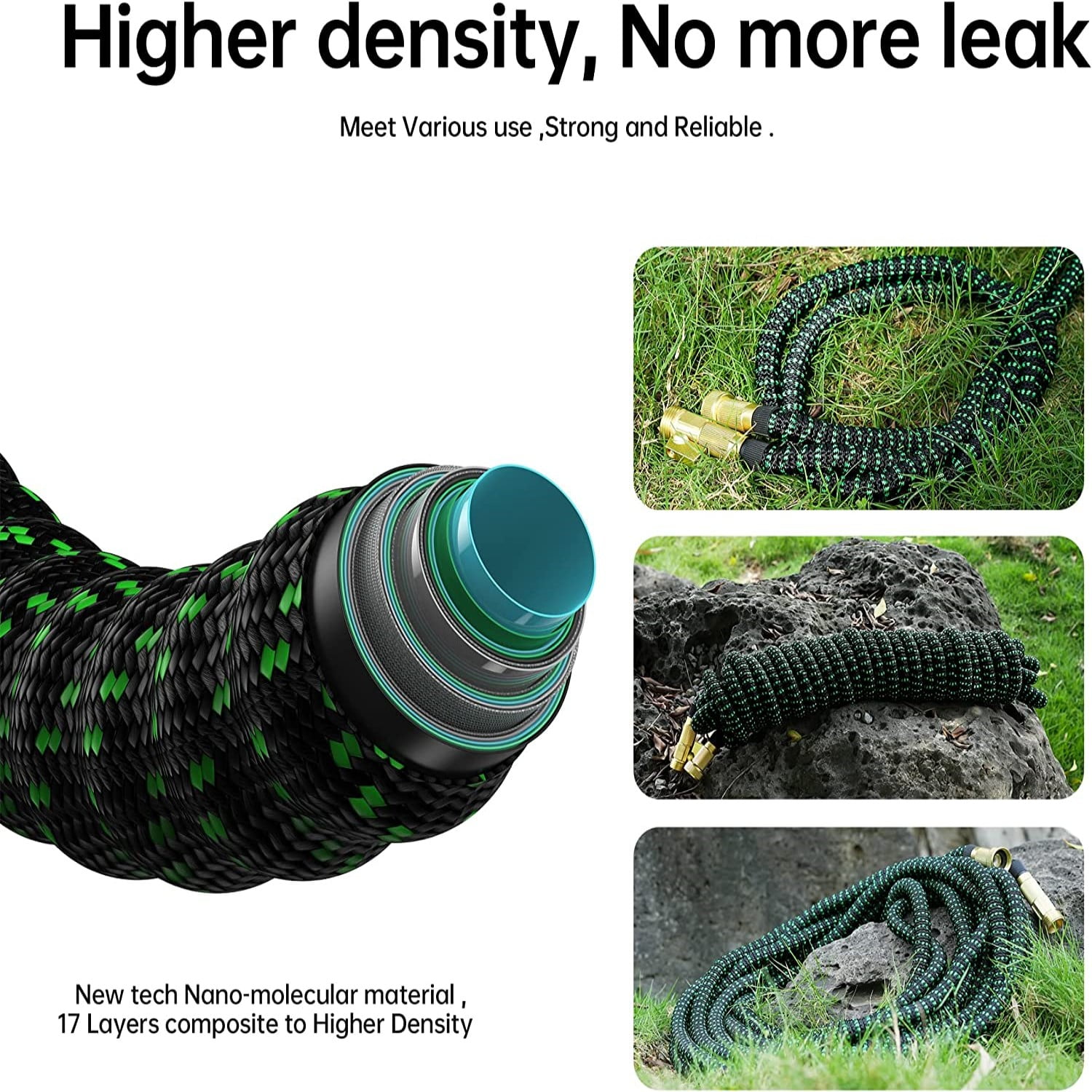 LarmTek Expandable Garden Hose with 10-Pattern Spray Nozzle and Brass Connectors (Green, 100 ft) ot1ce