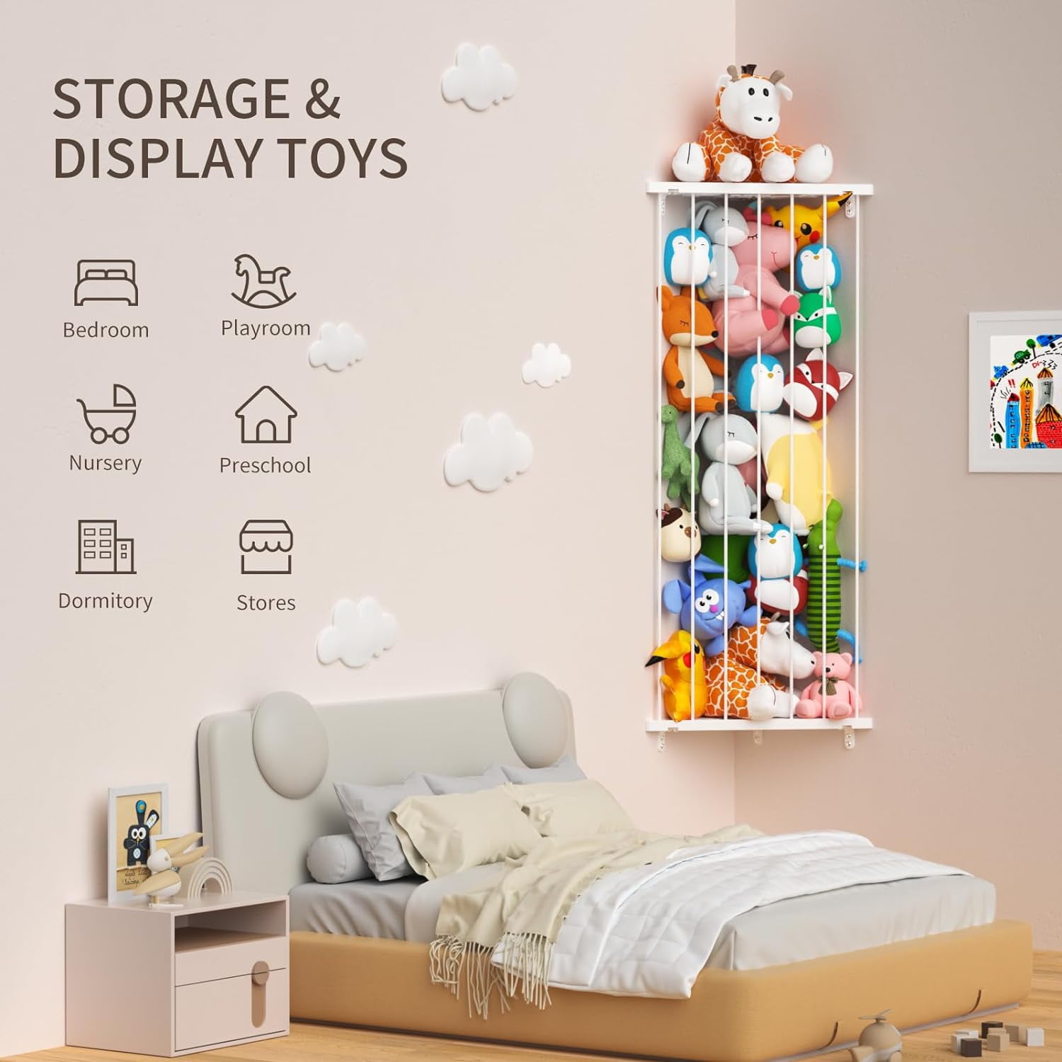 Foukus Corner Stuffed Animal Storage Organizer, Wall Mounted Plush Toy Display Shelf for Kids Room (White, 75 in) sil8p